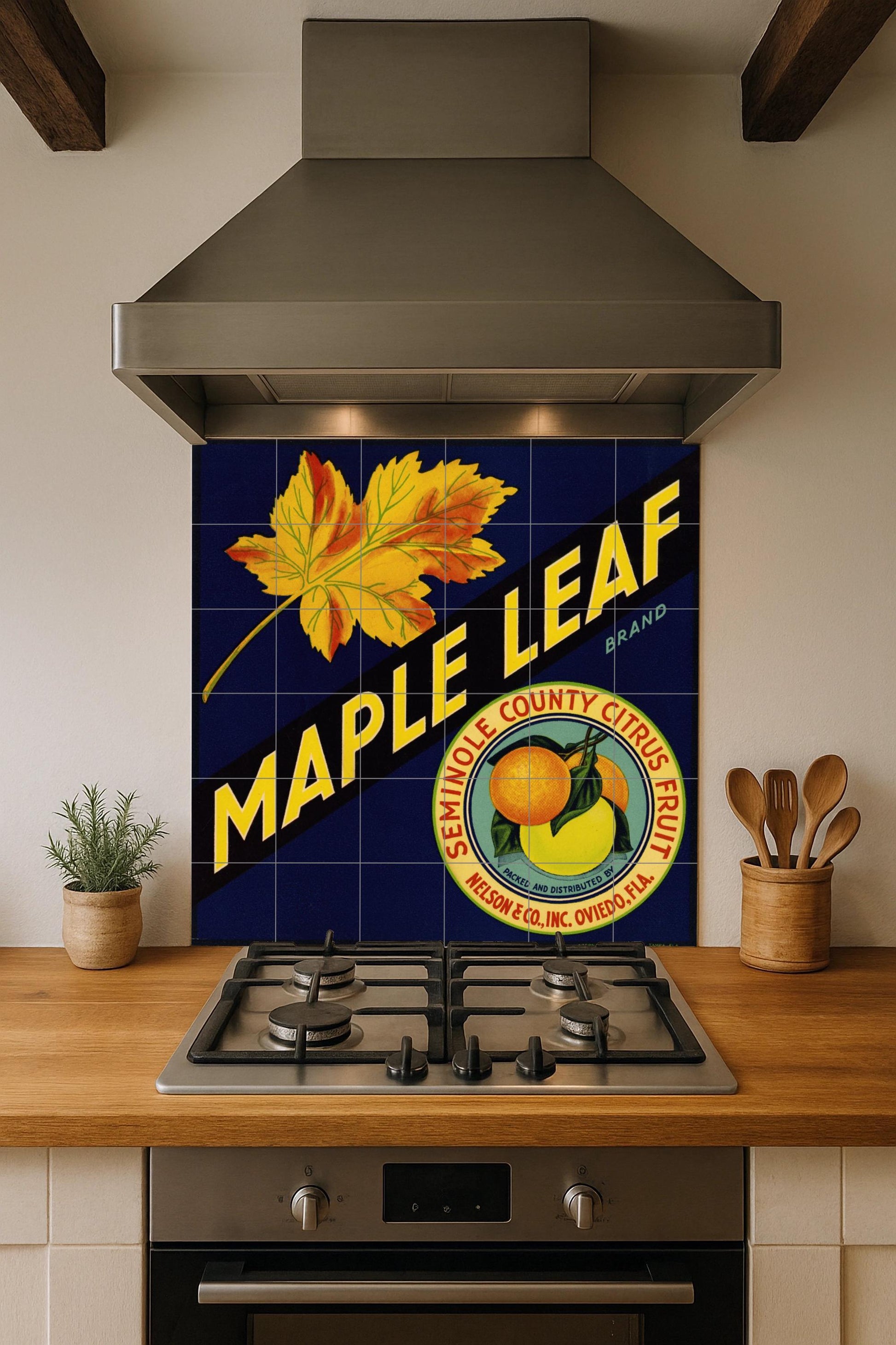 Con hojas de arce y cítricos · Fresque Céramique — Décor Mural Culinaire