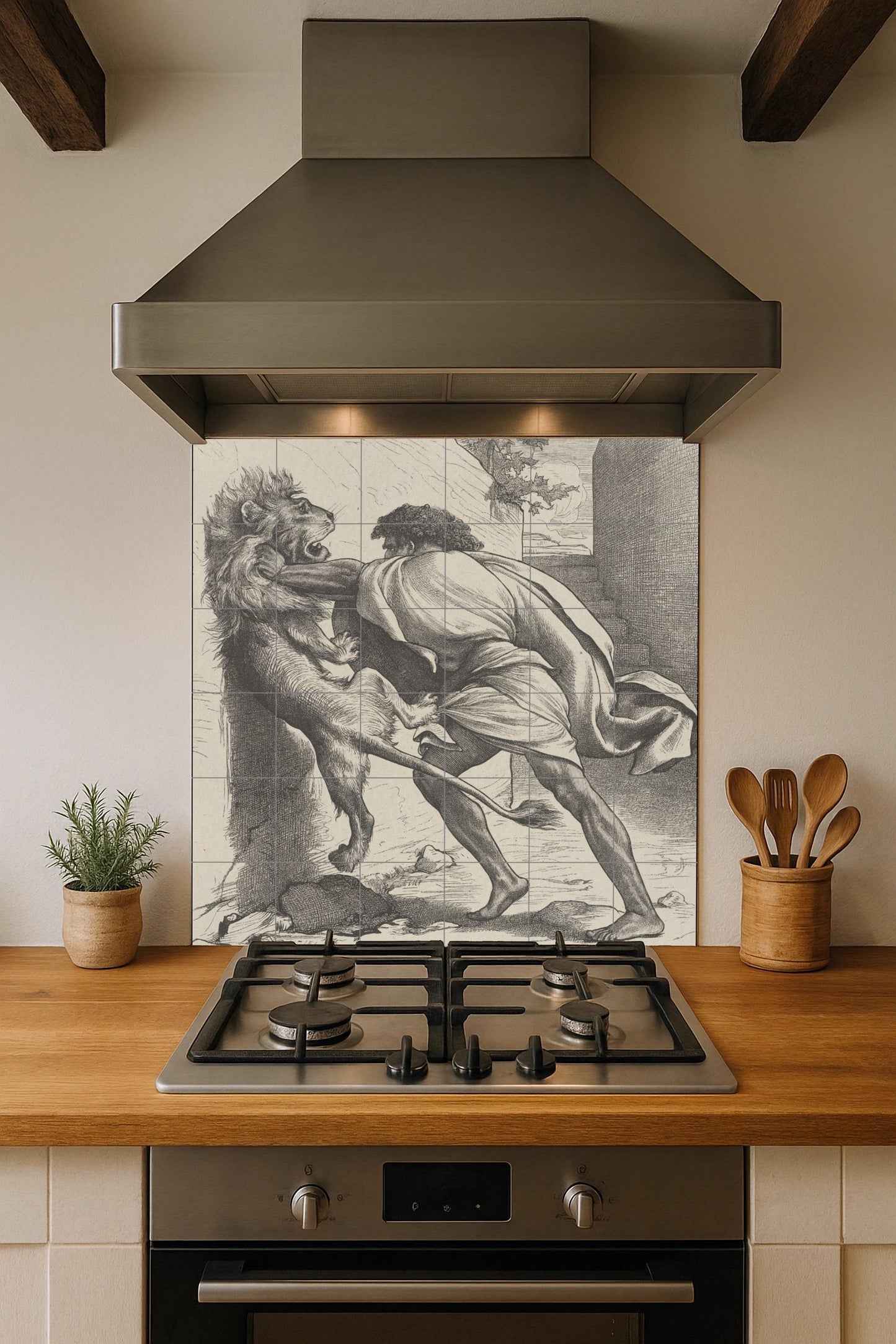 Sansón e il Leone — Murale in Piastrelle di Ceramica · Scena Biblica