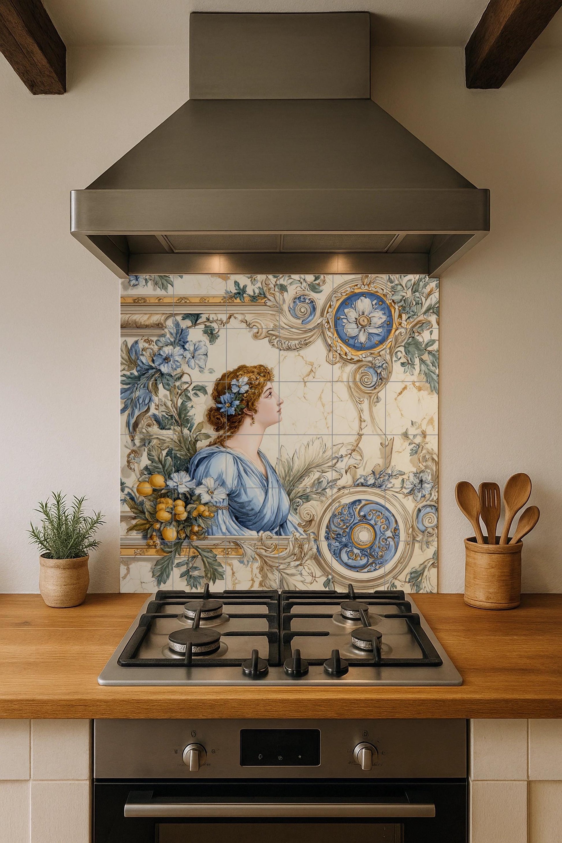 Mural de azulejos neoclásicos con damas