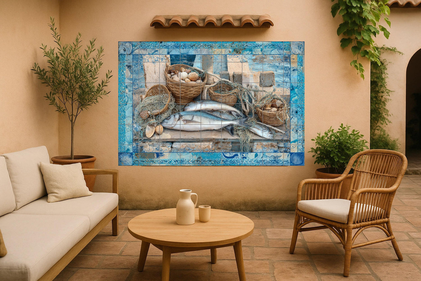 Fresque en Carrelage Poissons du Égée — Art Rustique de Ferme