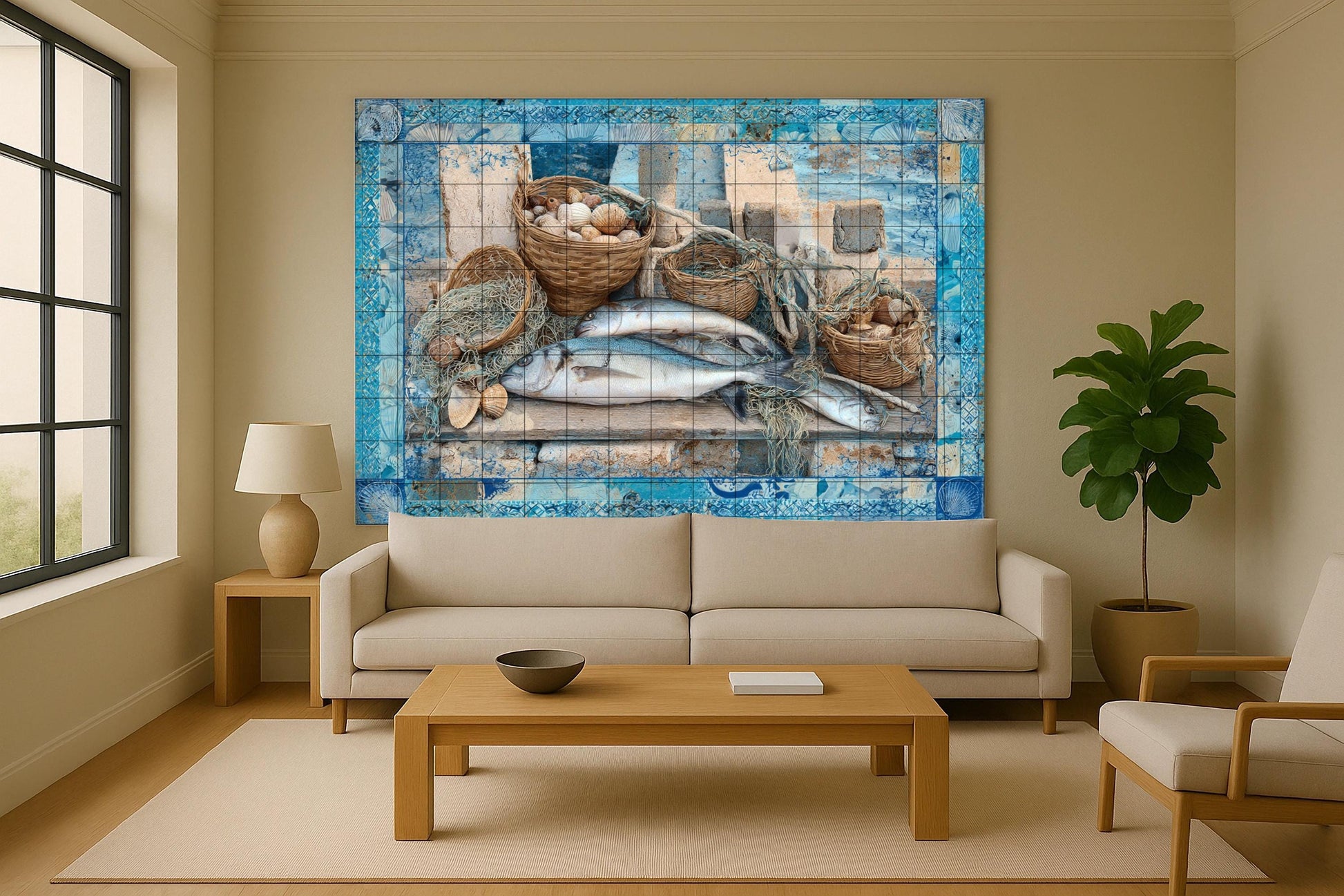 Fresque en Carrelage Poissons du Égée — Art Rustique de Ferme