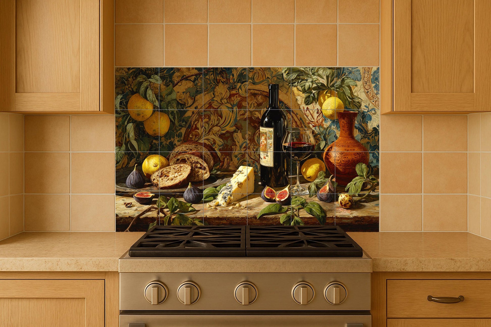 Cave à Vin — Fresque Murale en Carreaux de Céramique · Scène de Cuisine et Campagne