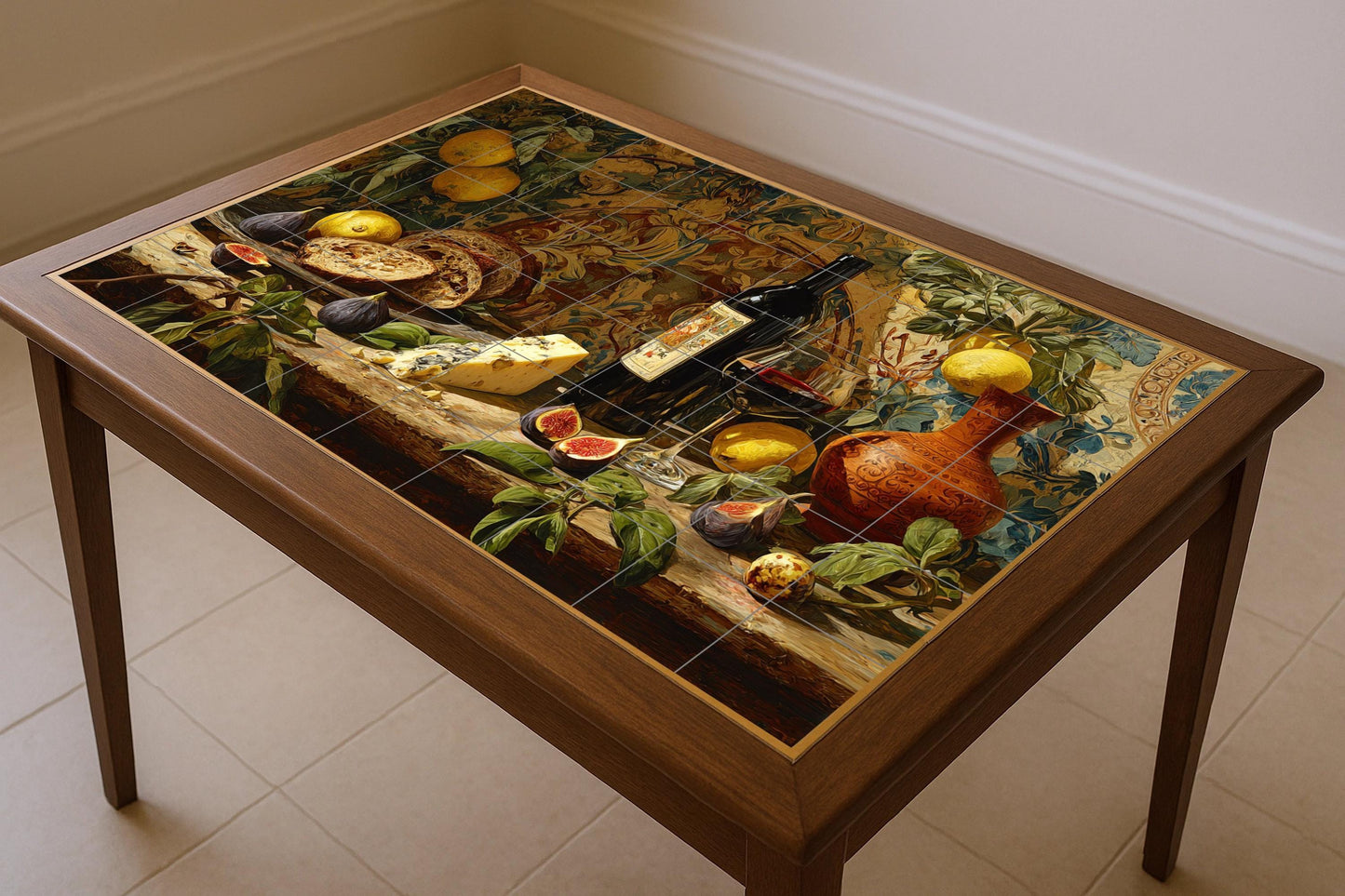 Cave à Vin — Fresque Murale en Carreaux de Céramique · Scène de Cuisine et Campagne