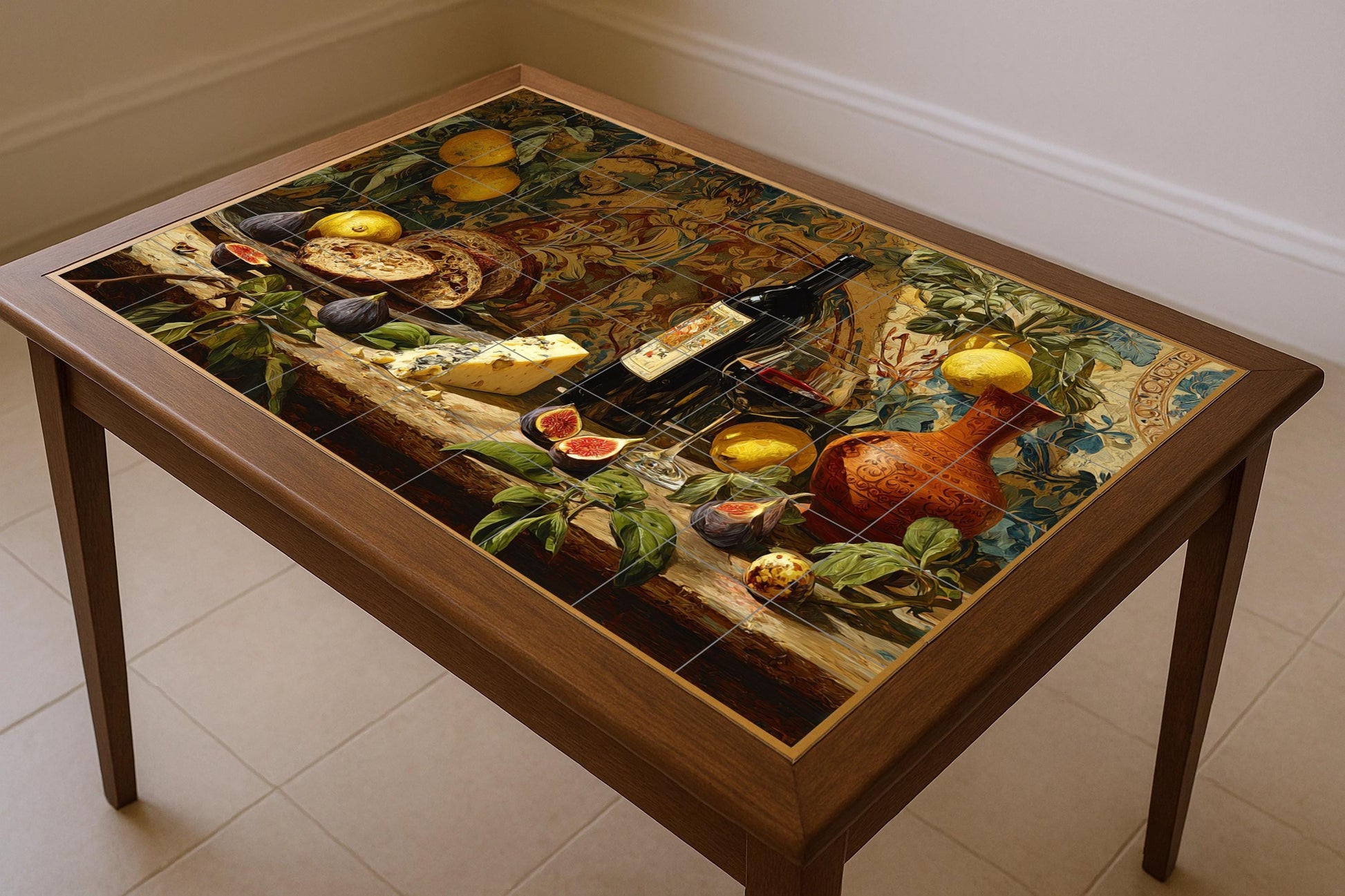 Cave à Vin — Fresque Murale en Carreaux de Céramique · Scène de Cuisine et Campagne