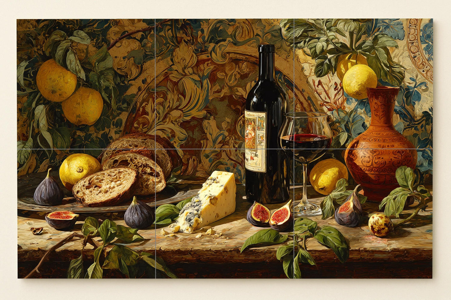 Cave à Vin — Fresque Murale en Carreaux de Céramique · Scène de Cuisine et Campagne