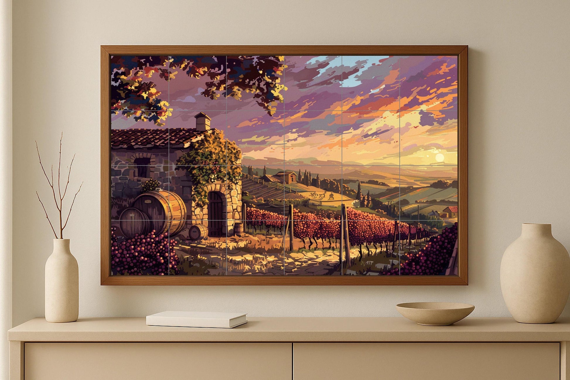 Fresque en Carrelage Avec Vignobles au Coucher de Soleil en la Toscane — Scène de Cuisine et Campagne