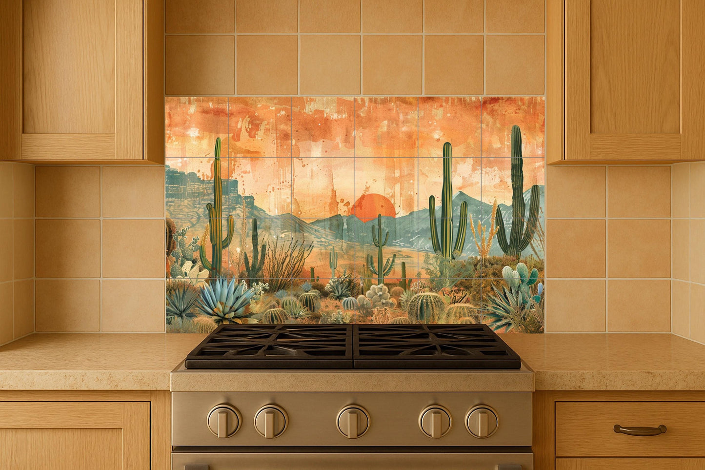 Cactus am Sonnenuntergang in der Wüste — Natur-Wandkunst, Wandkunst aus Keramikfliesen