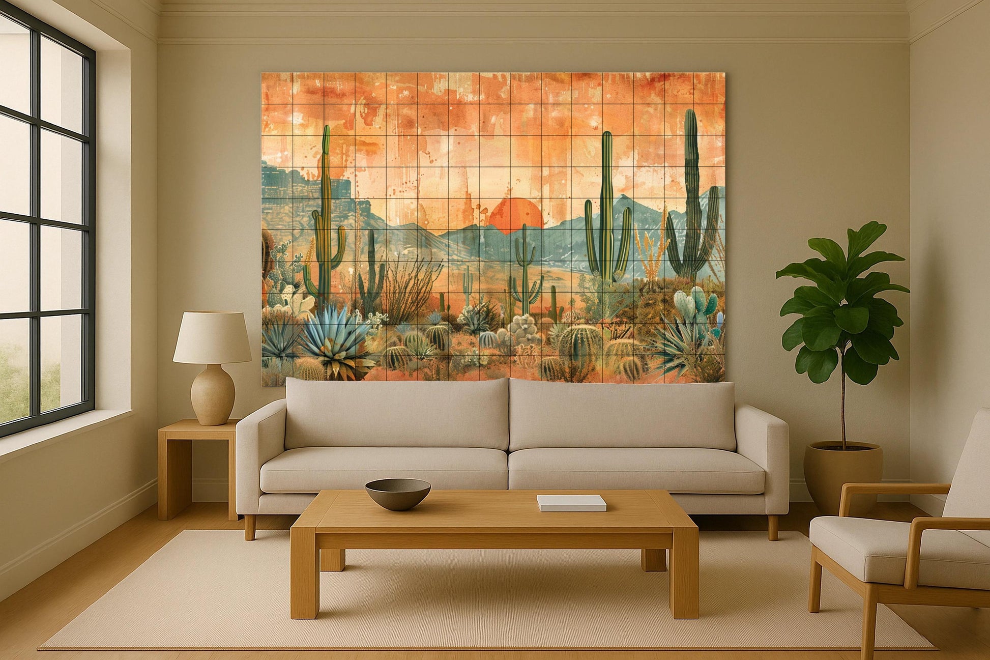Cactus am Sonnenuntergang in der Wüste — Natur-Wandkunst, Wandkunst aus Keramikfliesen