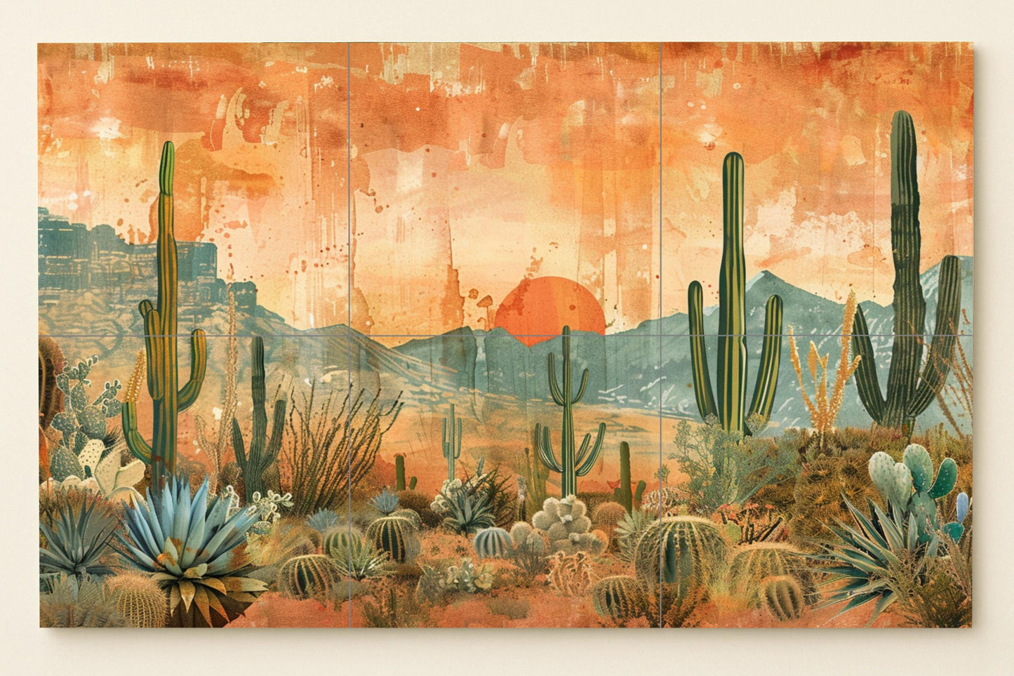 Cactus am Sonnenuntergang in der Wüste — Natur-Wandkunst, Wandkunst aus Keramikfliesen