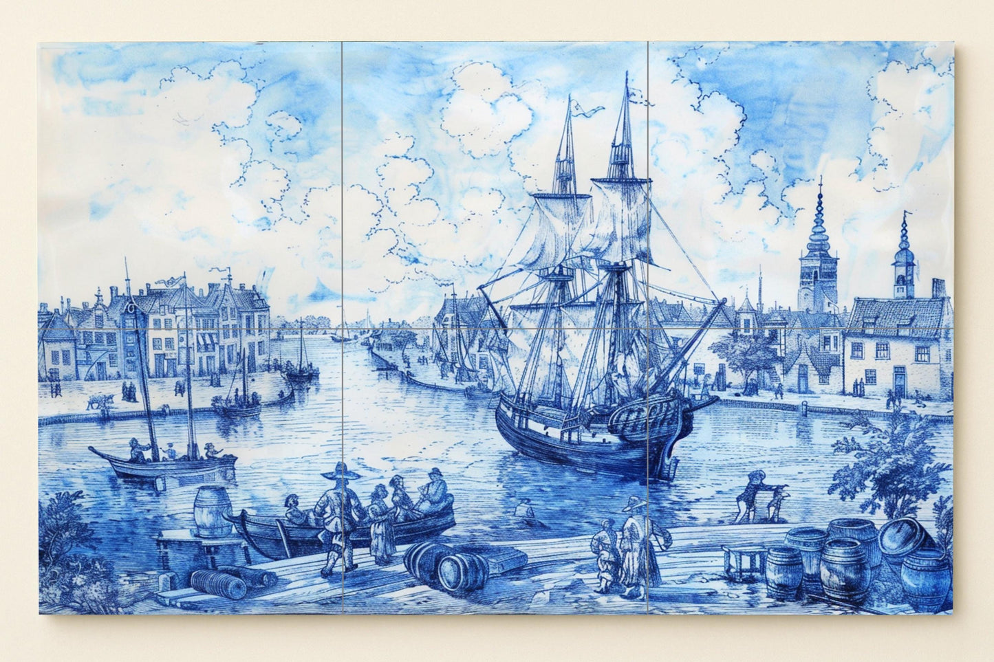 Boot Delfter Blau · Keramik-Wandbild — Küstenszene