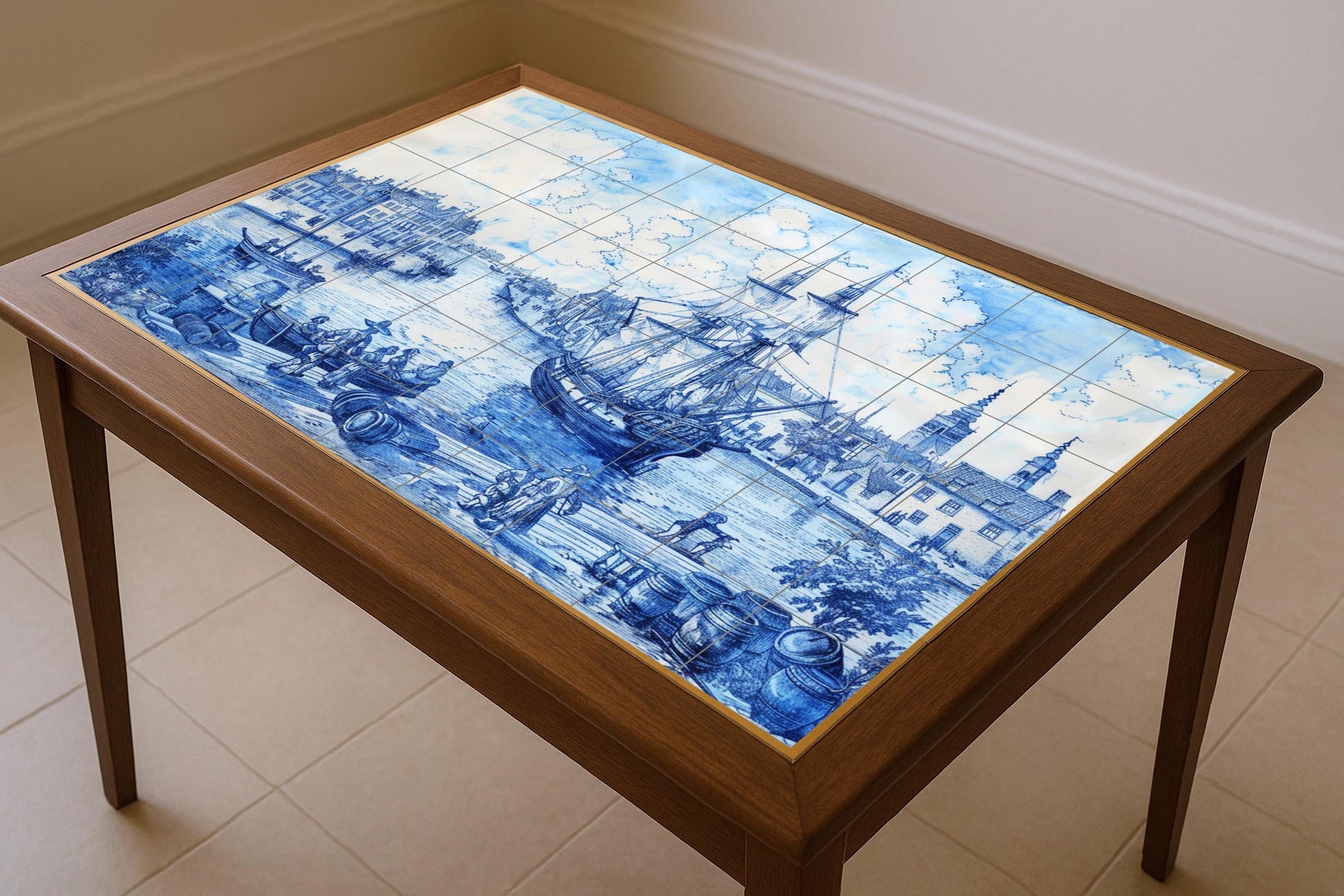 Boot Delfter Blau · Keramik-Wandbild — Küstenszene