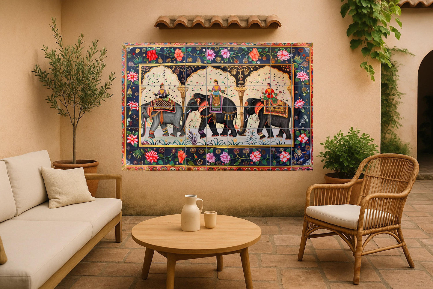 Mural de azulejos con procesión de elefantes mogoles