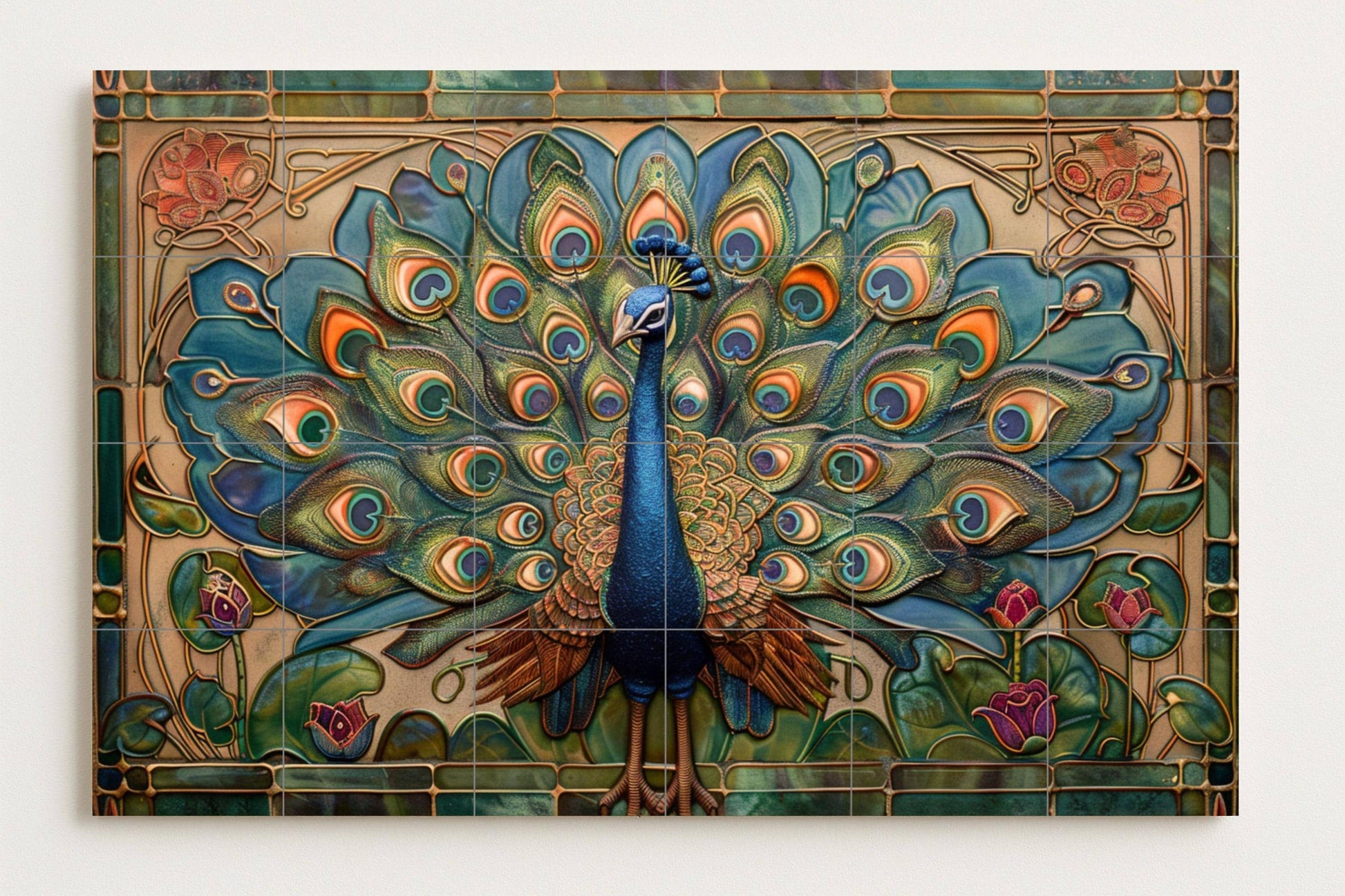 Pavone Art Nouveau — Murale in Piastrelle di Ceramica · Murale di Uccelli e Animali