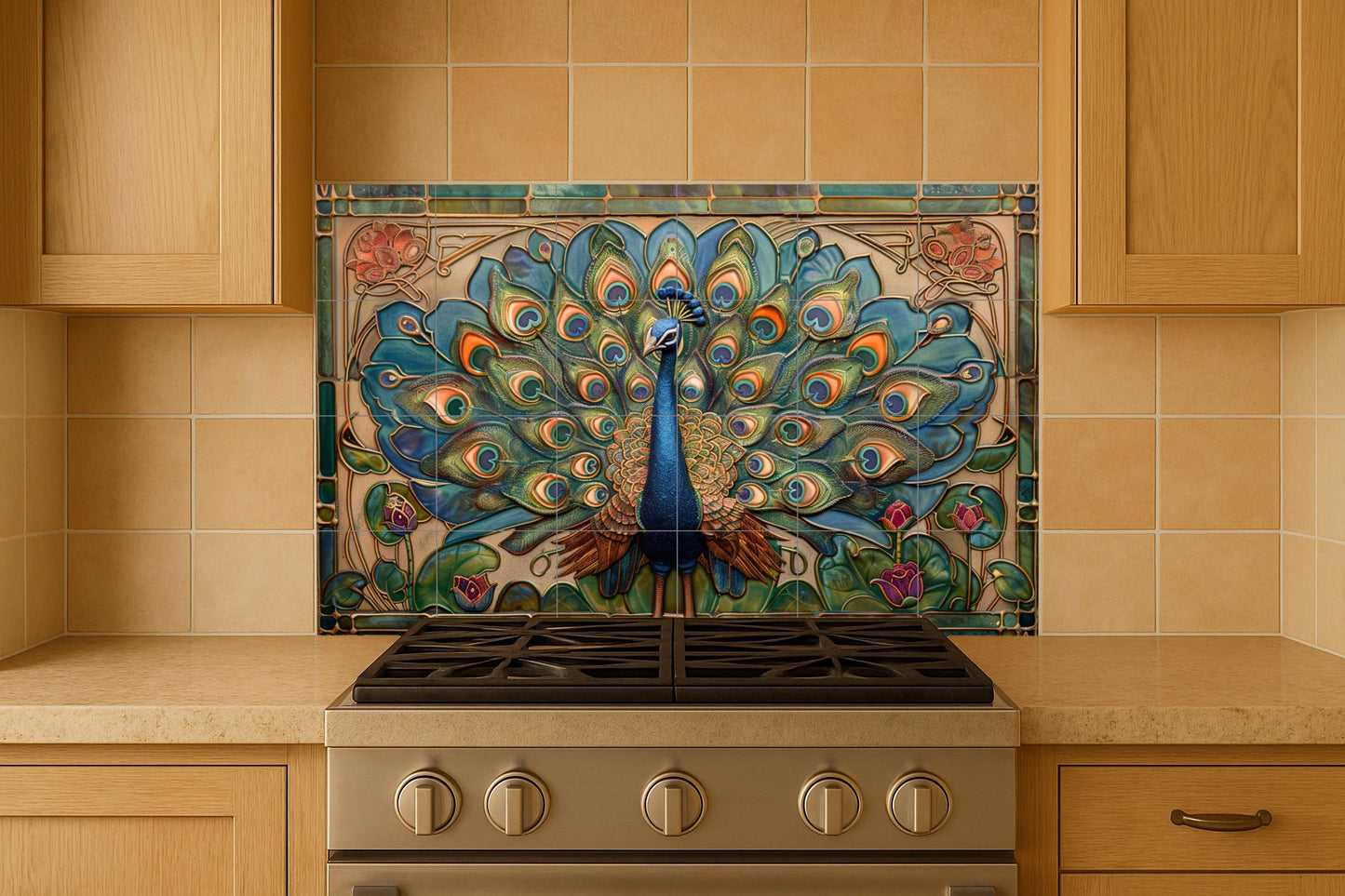 Pavone Art Nouveau — Murale in Piastrelle di Ceramica · Murale di Uccelli e Animali