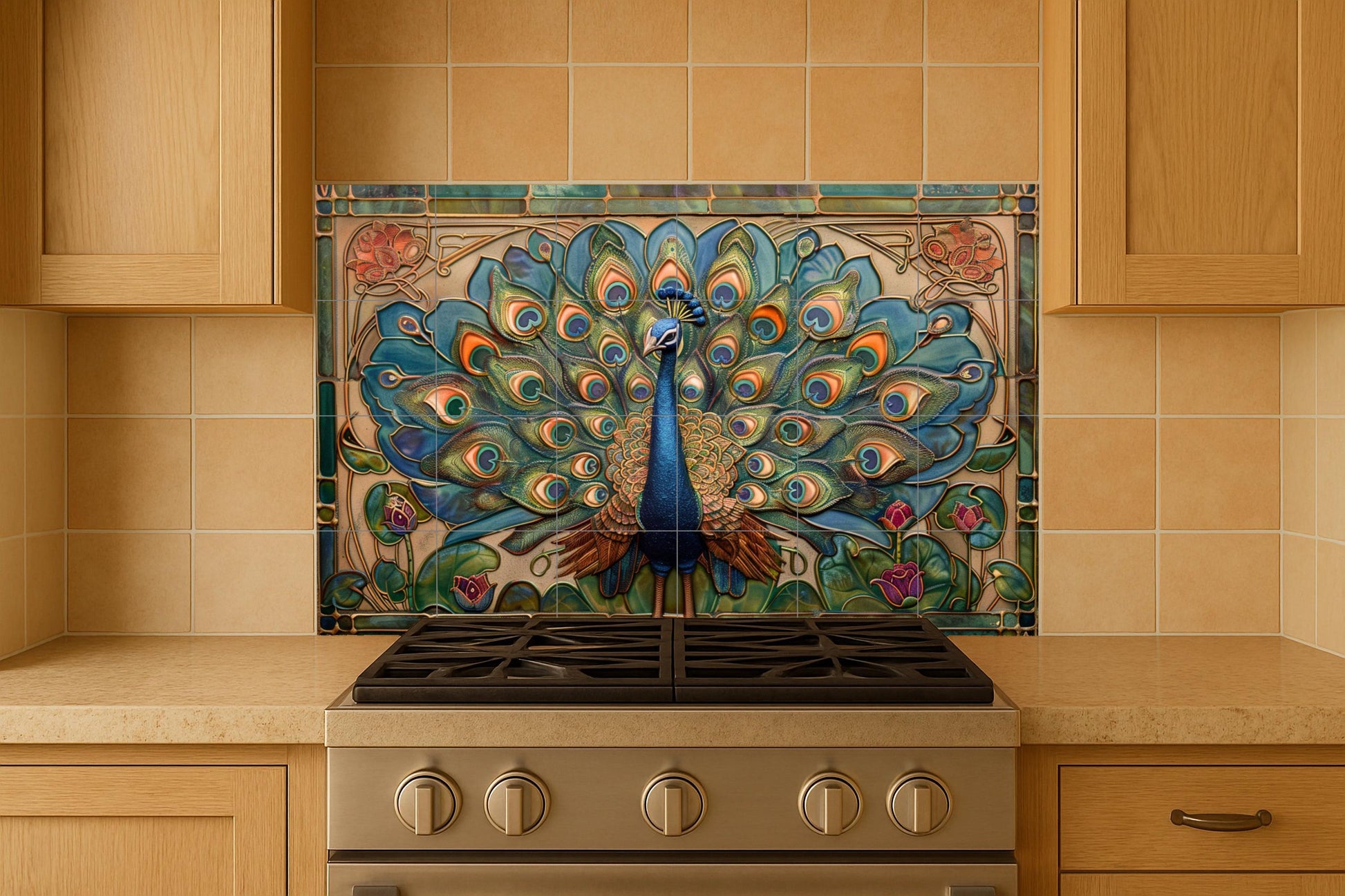 Pavone Art Nouveau — Murale in Piastrelle di Ceramica · Murale di Uccelli e Animali