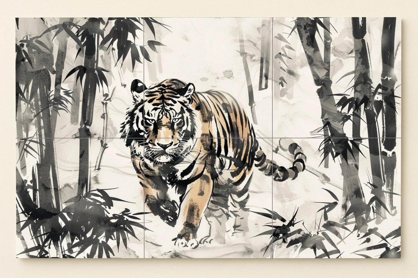 Mural de azulejos de tigre con lavado de tinta