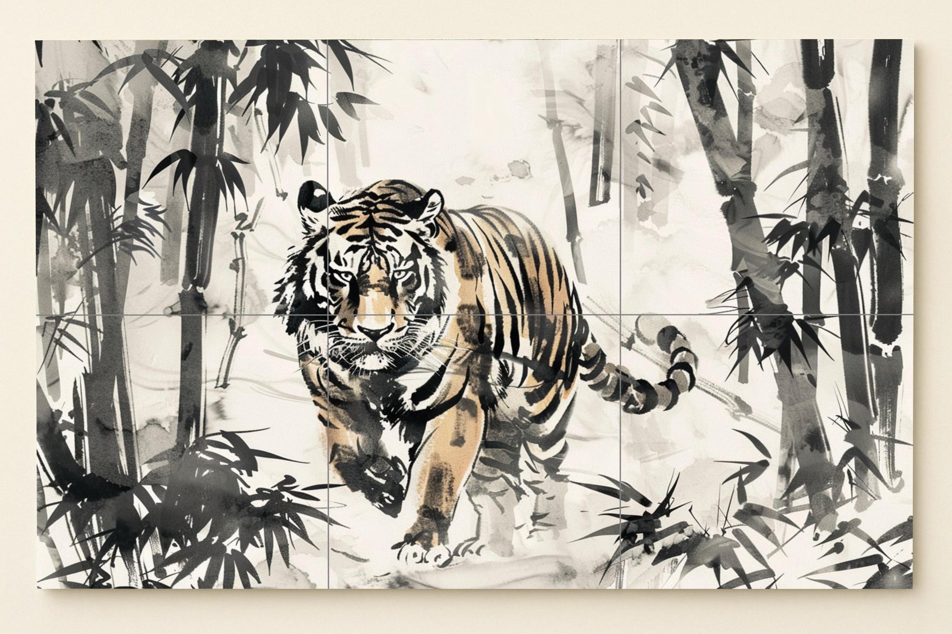 Mural de azulejos de tigre con lavado de tinta