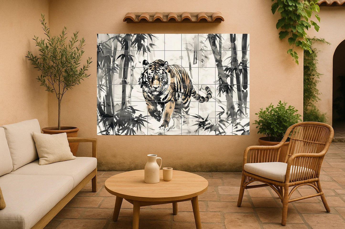 Mural de azulejos de tigre con lavado de tinta