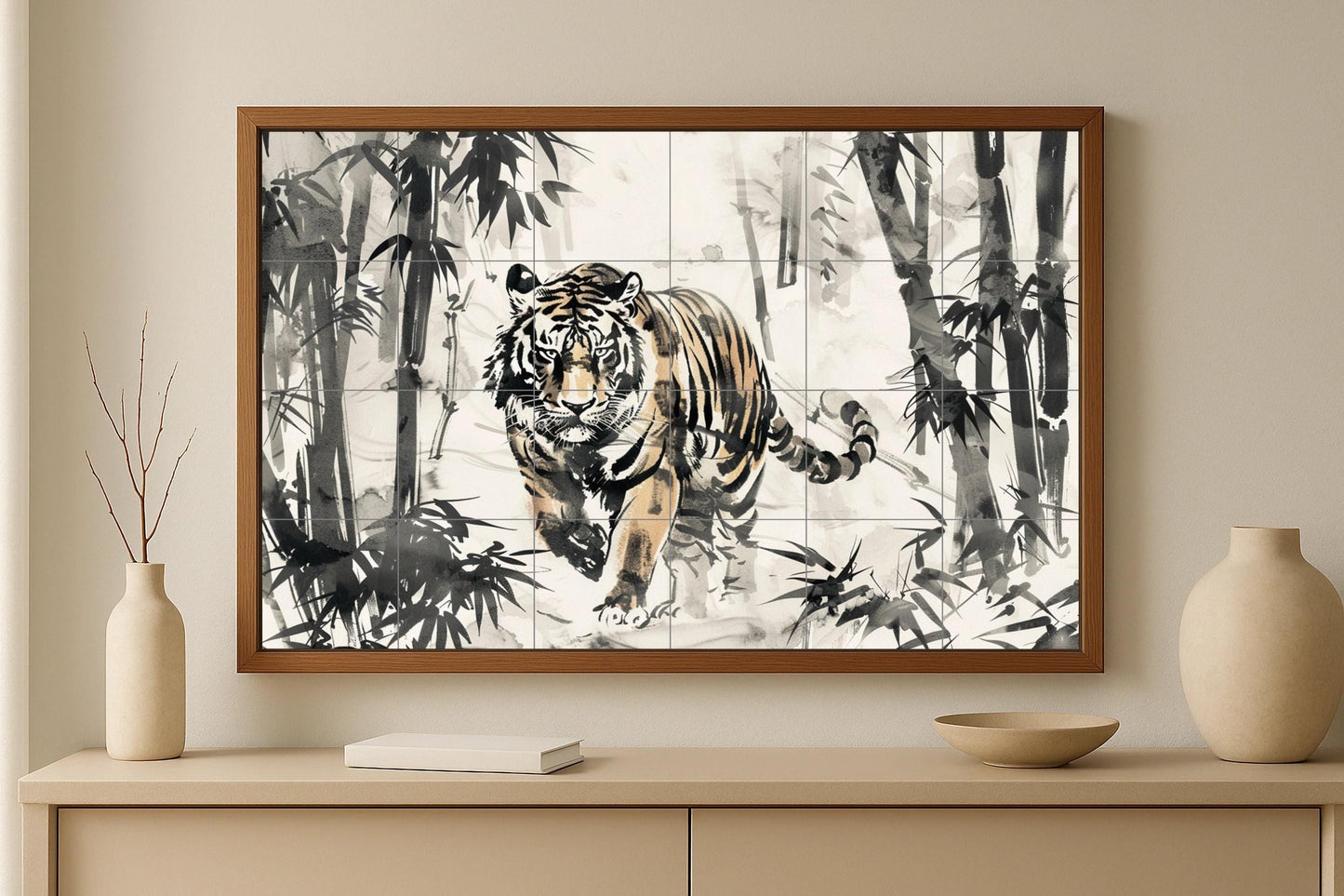 Mural de azulejos de tigre con lavado de tinta