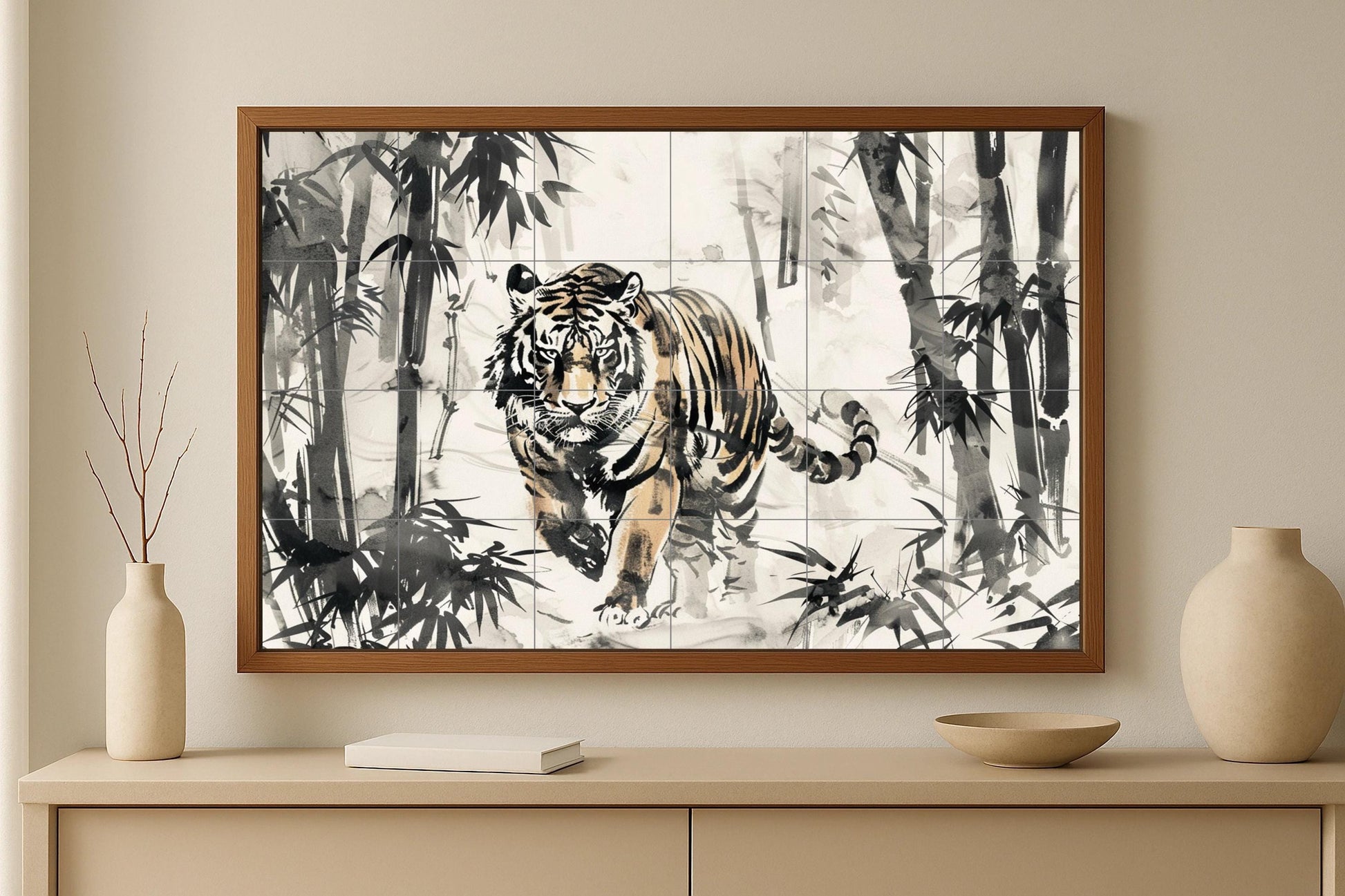 Mural de azulejos de tigre con lavado de tinta