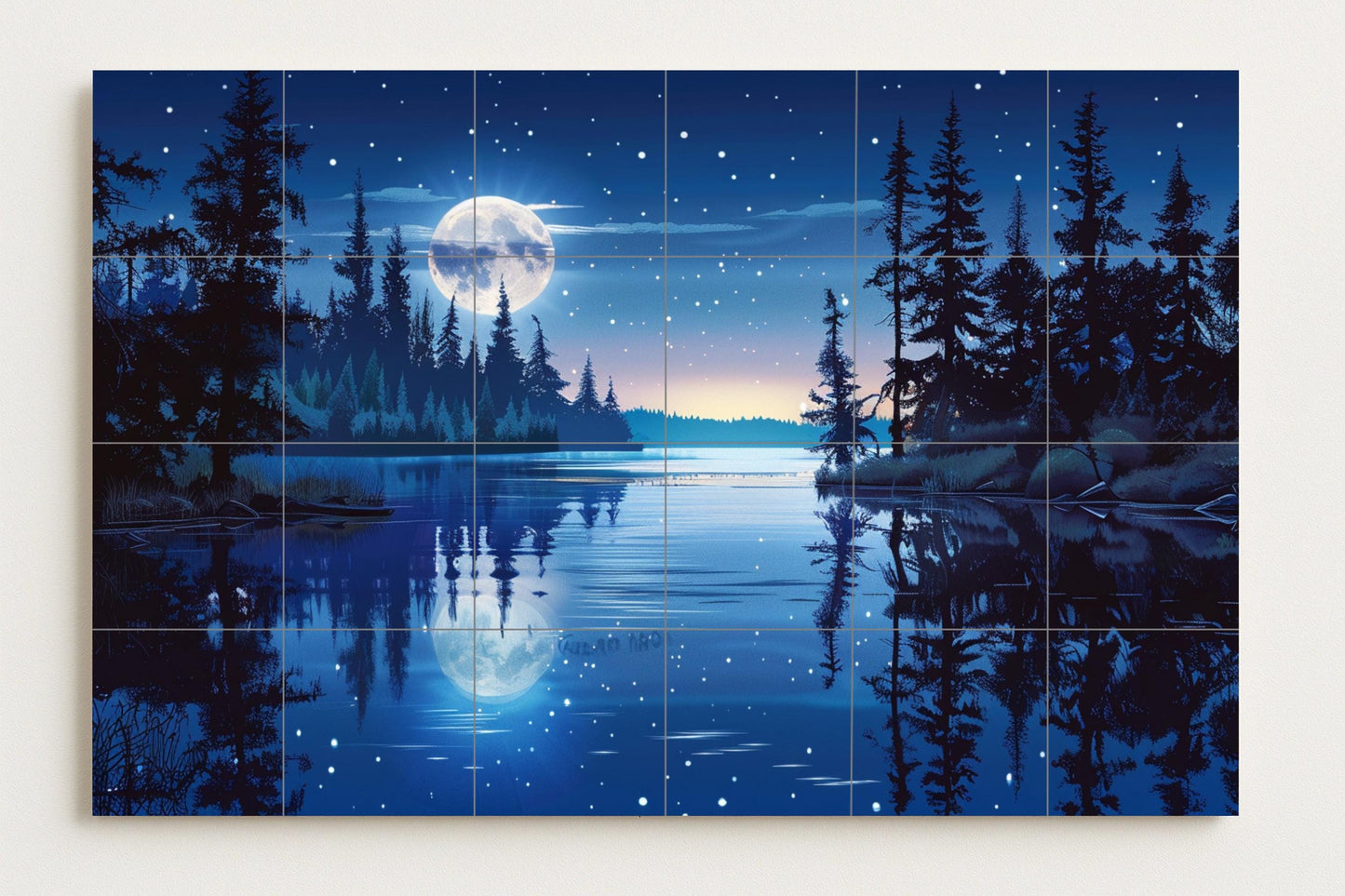 Mural de azulejos con lago y bosque iluminado por la luna