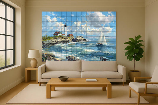 Mural de azulejos con faro náutico