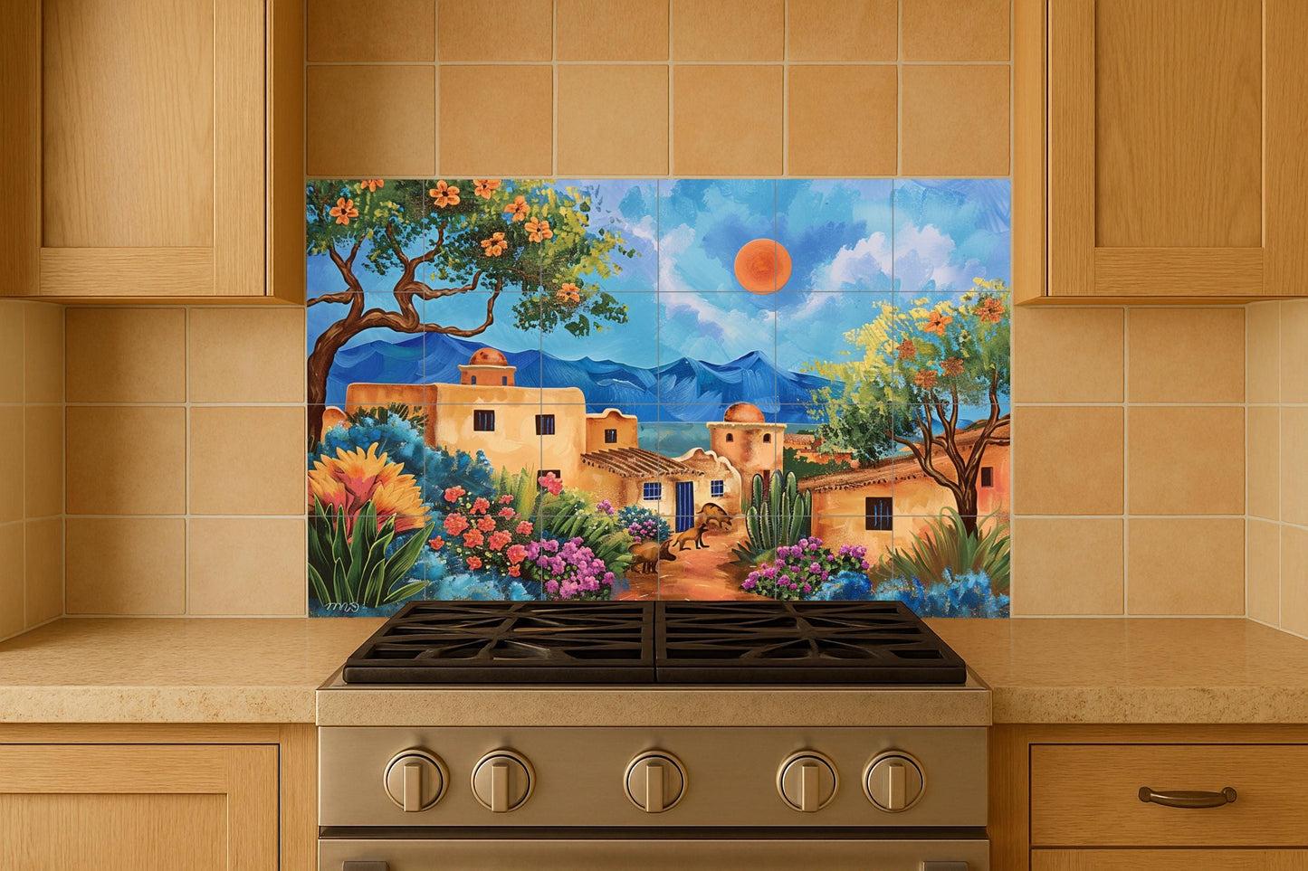 Coloré de un Village de adobe — Fresque Murale en Carreaux de Céramique · Décor Jardin et Nature
