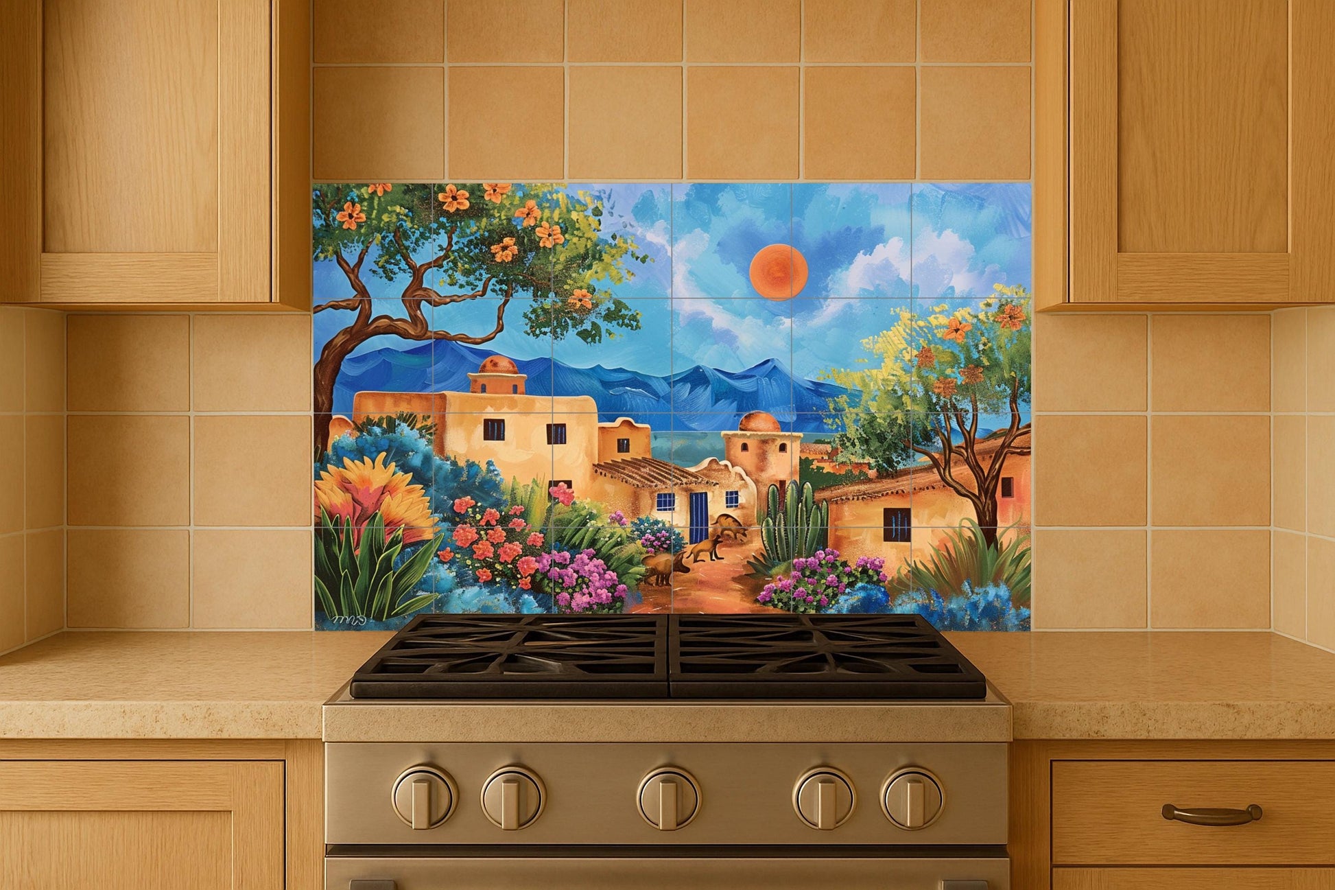 Coloré de un Village de adobe — Fresque Murale en Carreaux de Céramique · Décor Jardin et Nature