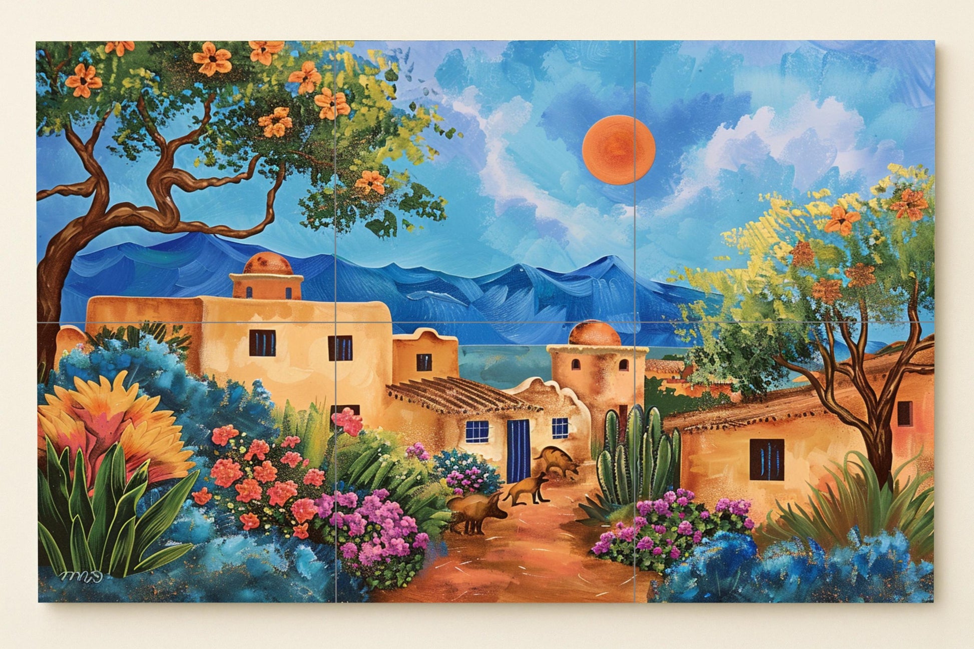 Coloré de un Village de adobe — Fresque Murale en Carreaux de Céramique · Décor Jardin et Nature