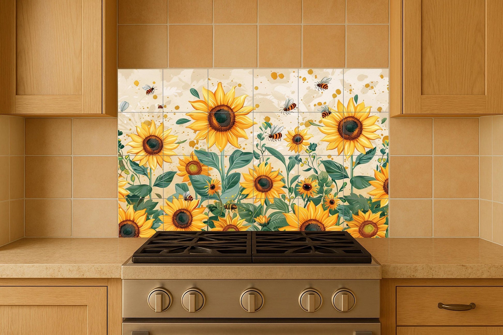 Api e Girasoli — Murale in Piastrelle di Ceramica · Arte Naturale da Parete