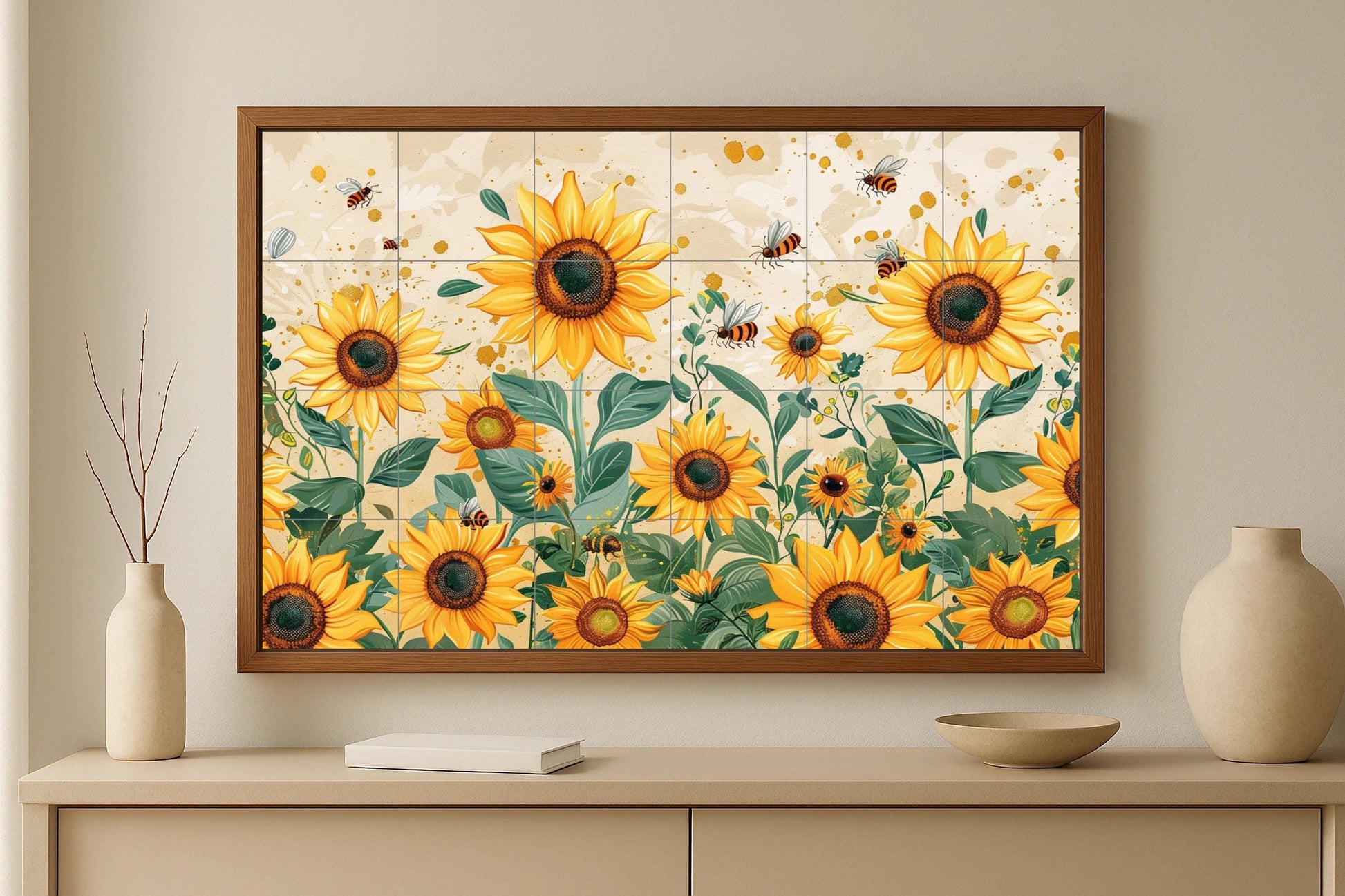 Api e Girasoli — Murale in Piastrelle di Ceramica · Arte Naturale da Parete