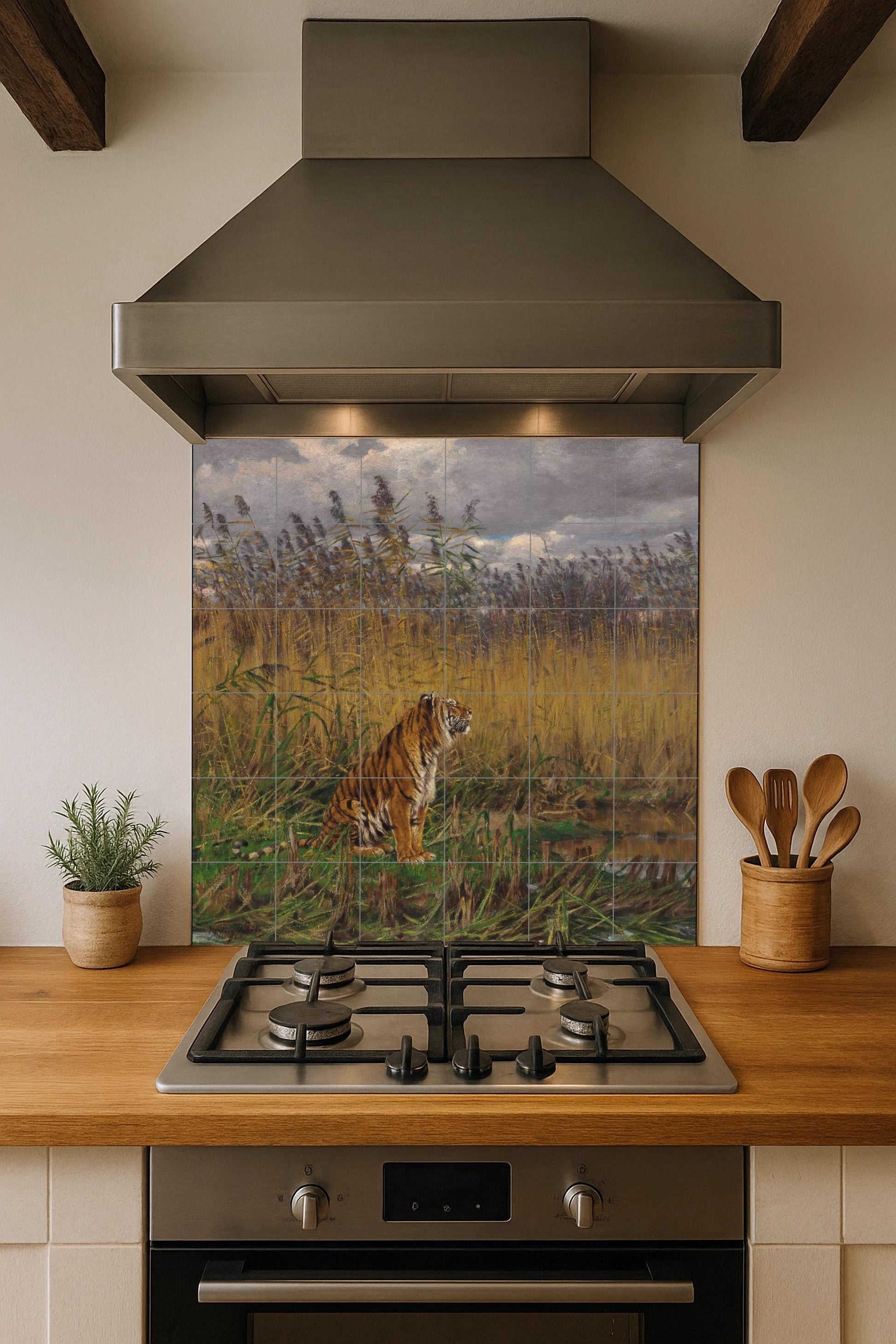 "Tigre entre los juncos — Fauna-Fliesenkunst, Wandkunst aus Keramikfliesen
