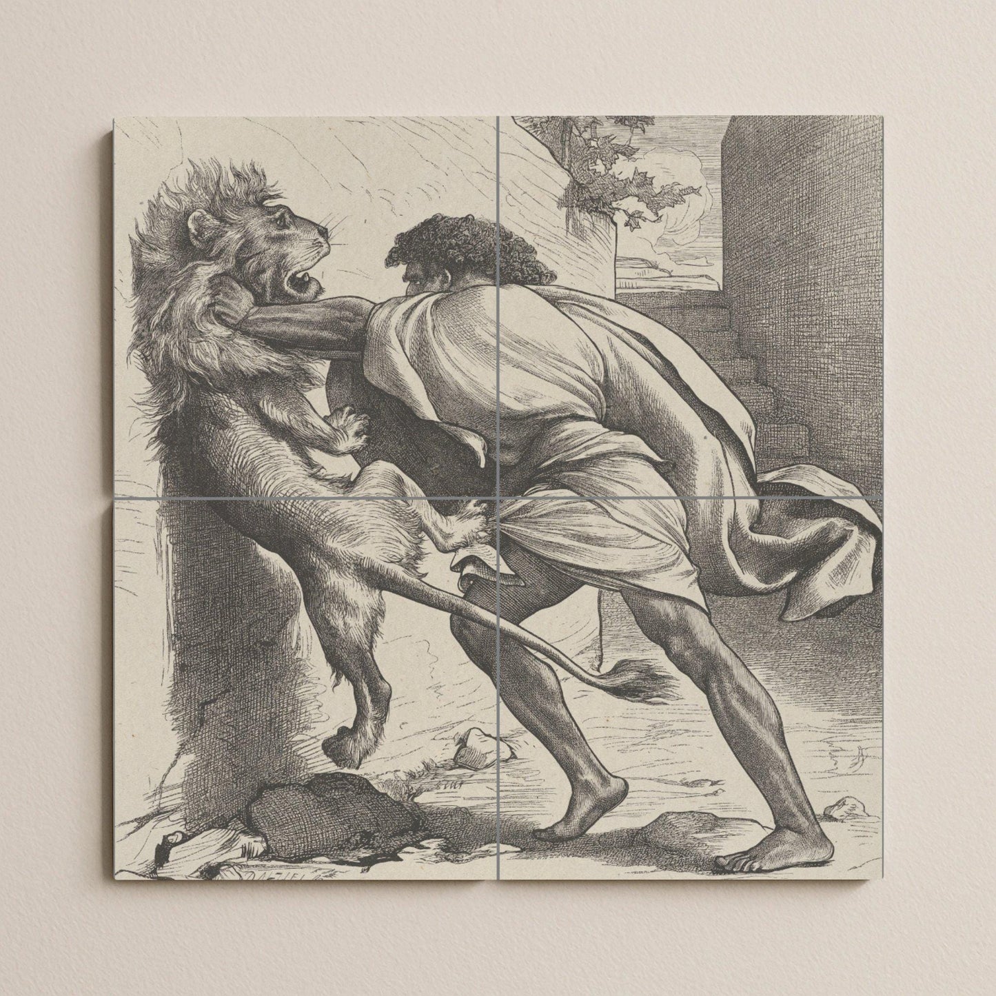 Sansón e il Leone — Murale in Piastrelle di Ceramica · Scena Biblica