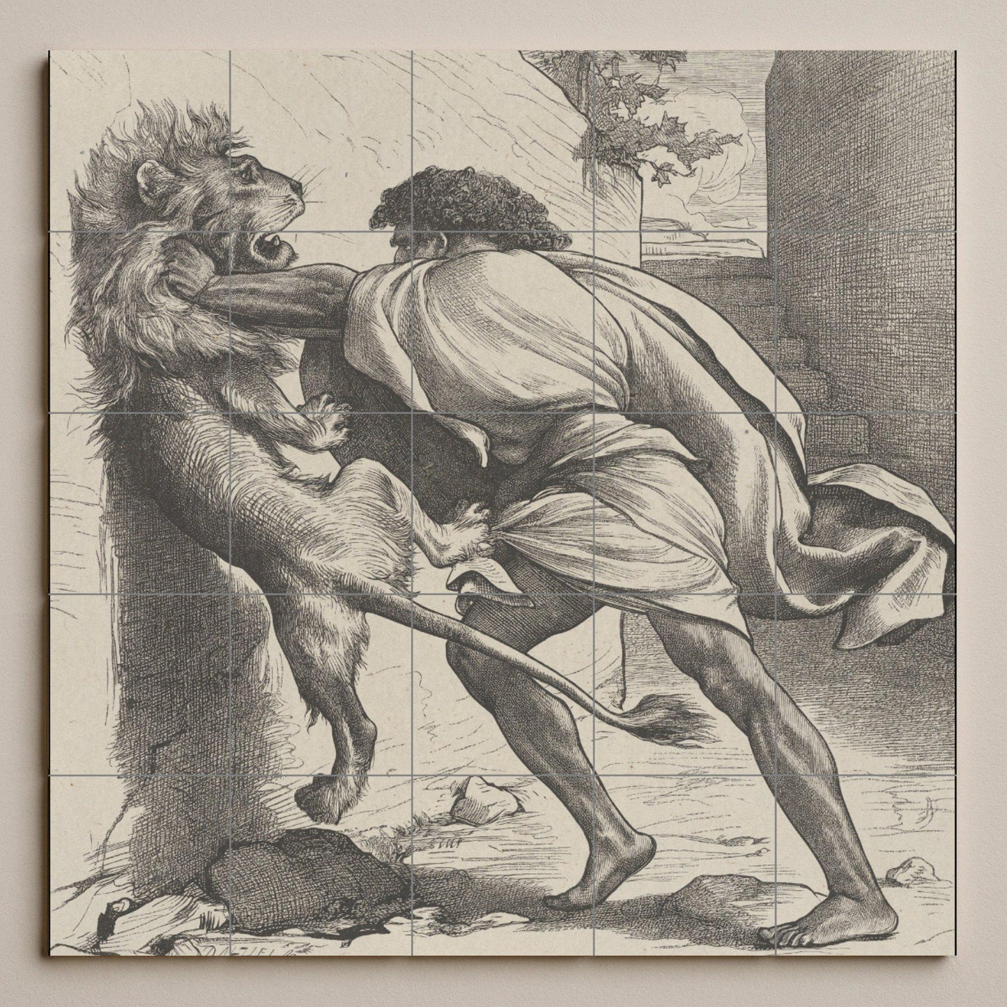 Sansón e il Leone — Murale in Piastrelle di Ceramica · Scena Biblica
