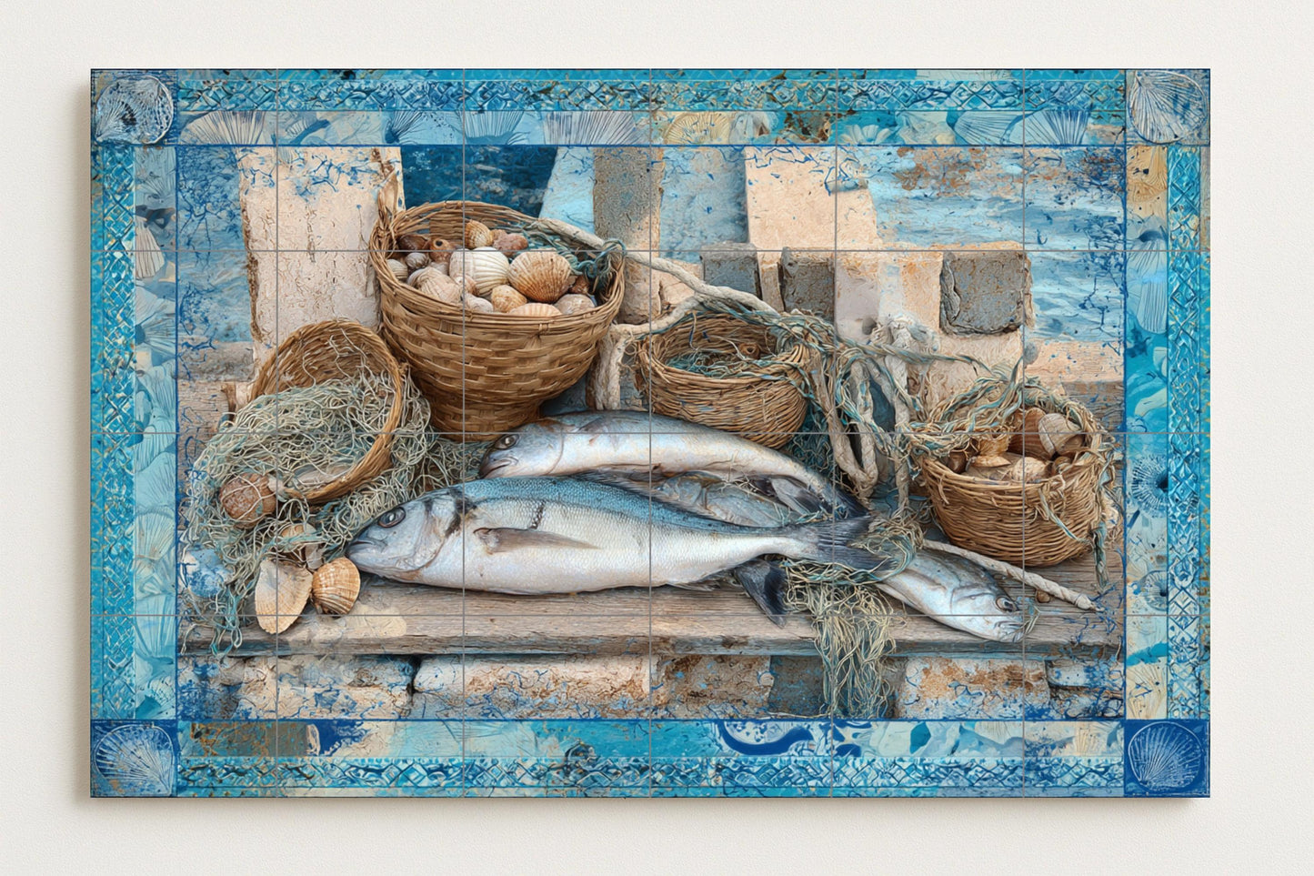 Fresque en Carrelage Poissons du Égée — Art Rustique de Ferme