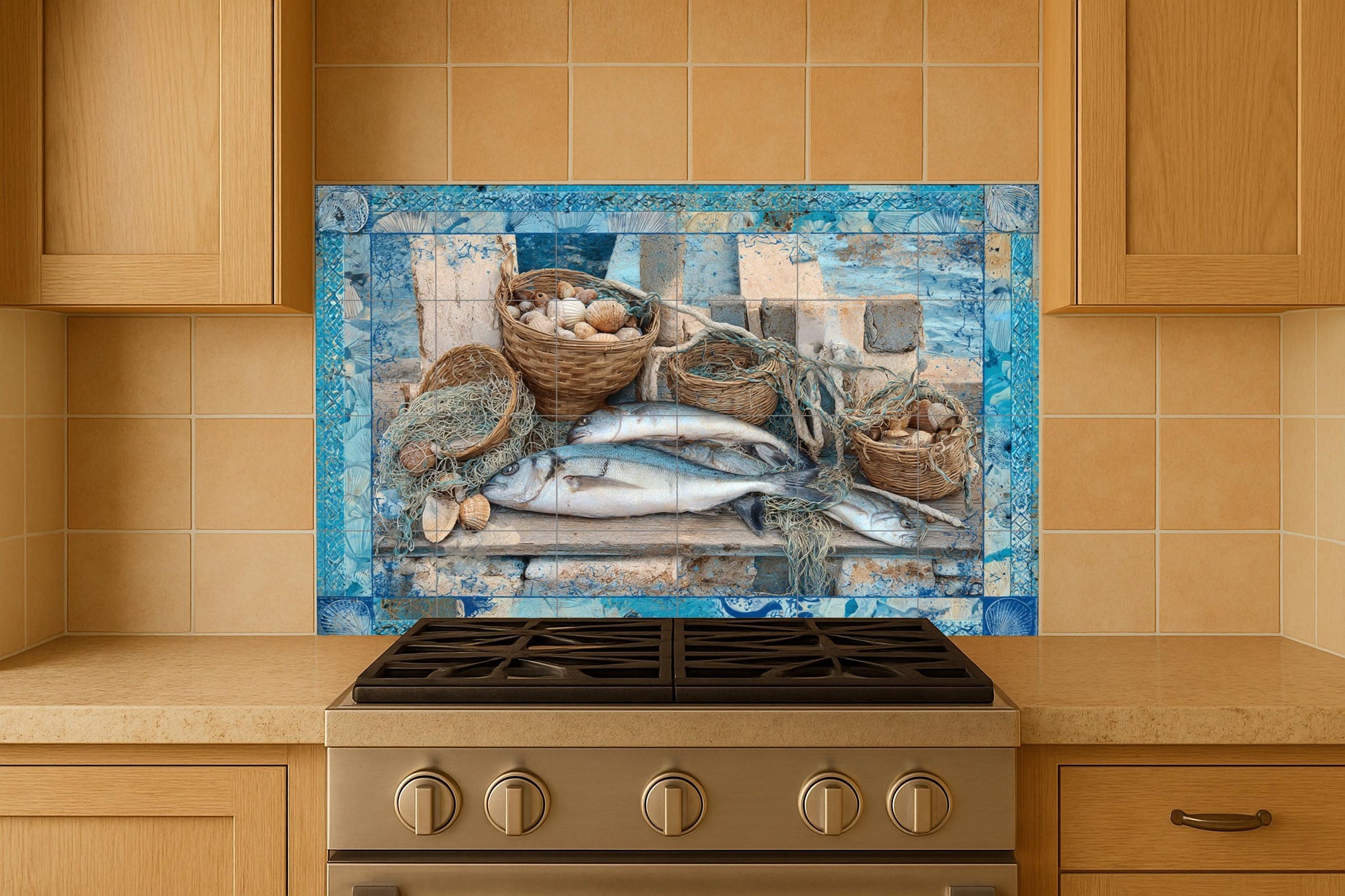 Fresque en Carrelage Poissons du Égée — Art Rustique de Ferme