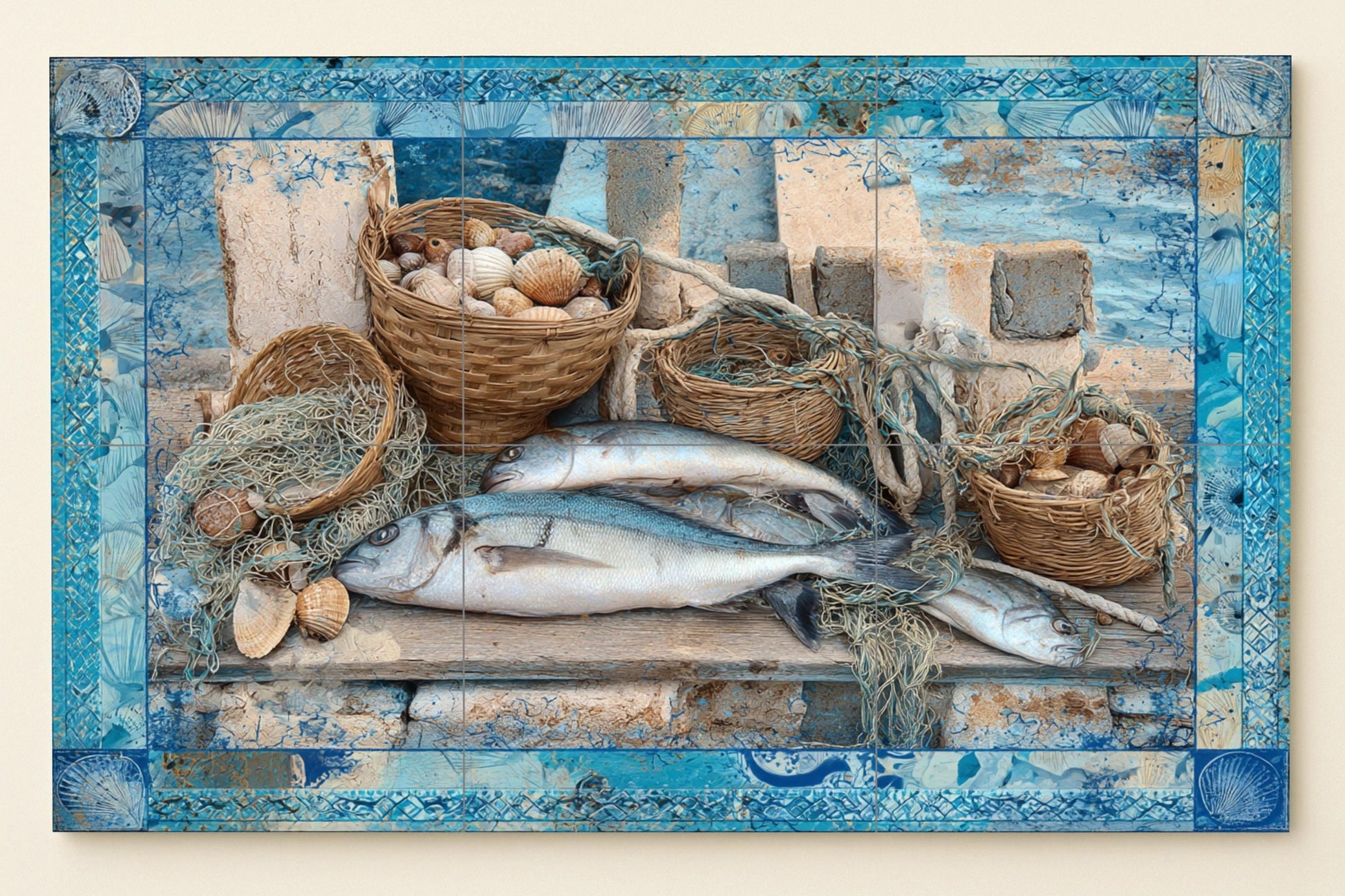 Fresque en Carrelage Poissons du Égée — Art Rustique de Ferme