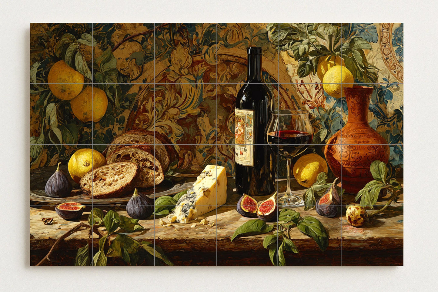 Cave à Vin — Fresque Murale en Carreaux de Céramique · Scène de Cuisine et Campagne