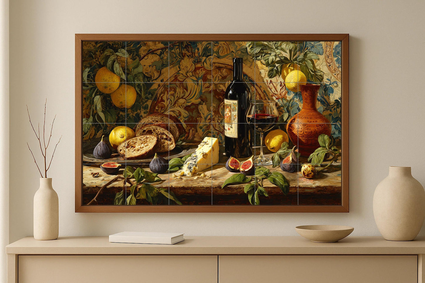 Cave à Vin — Fresque Murale en Carreaux de Céramique · Scène de Cuisine et Campagne