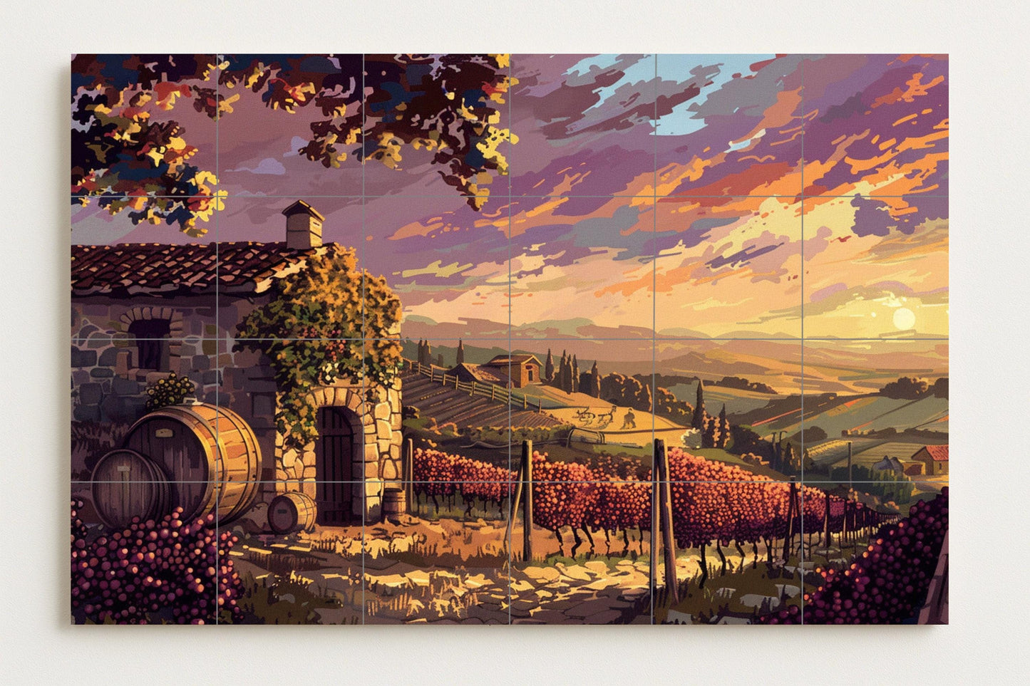 Fresque en Carrelage Avec Vignobles au Coucher de Soleil en la Toscane — Scène de Cuisine et Campagne
