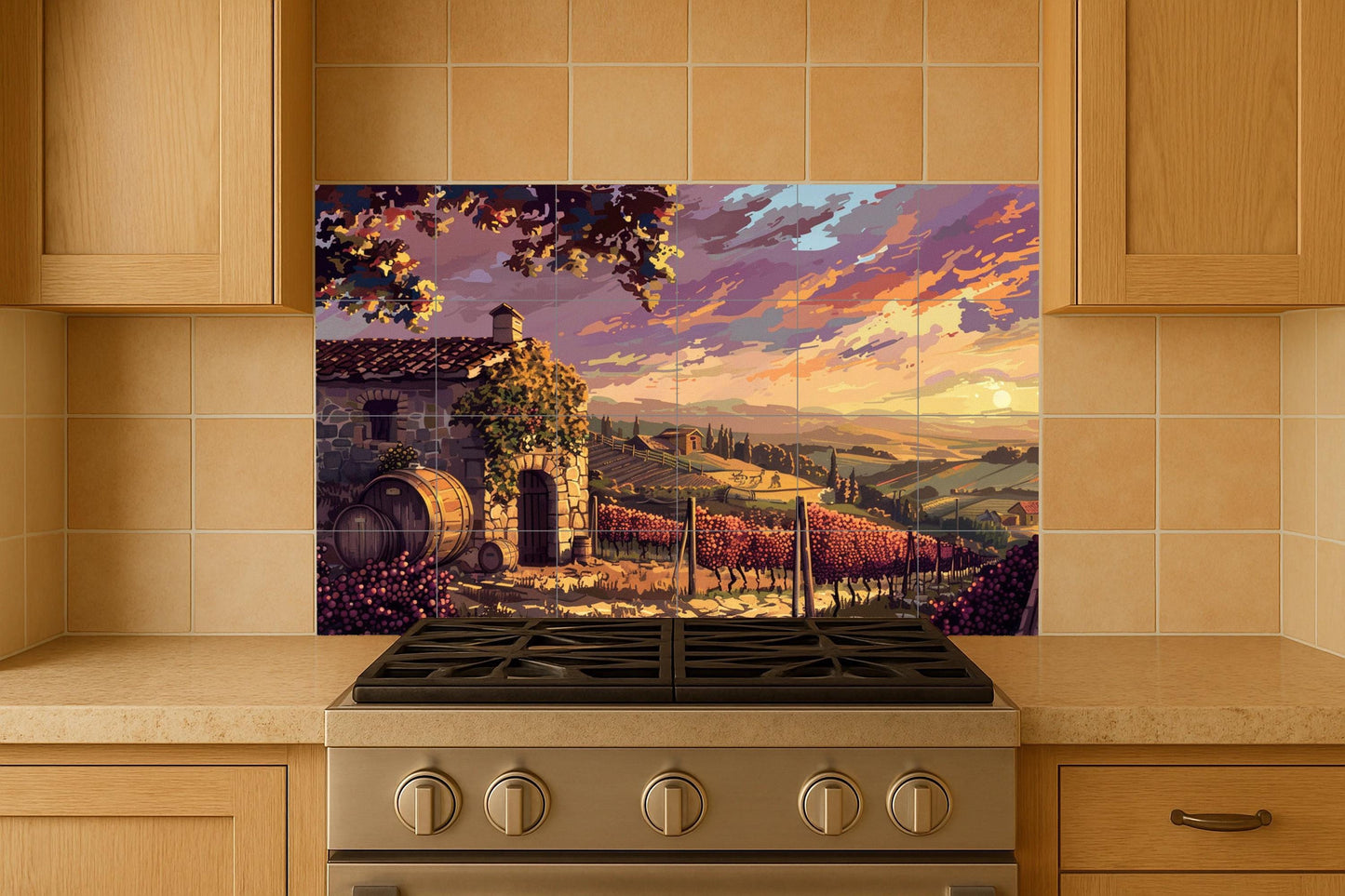 Fresque en Carrelage Avec Vignobles au Coucher de Soleil en la Toscane — Scène de Cuisine et Campagne