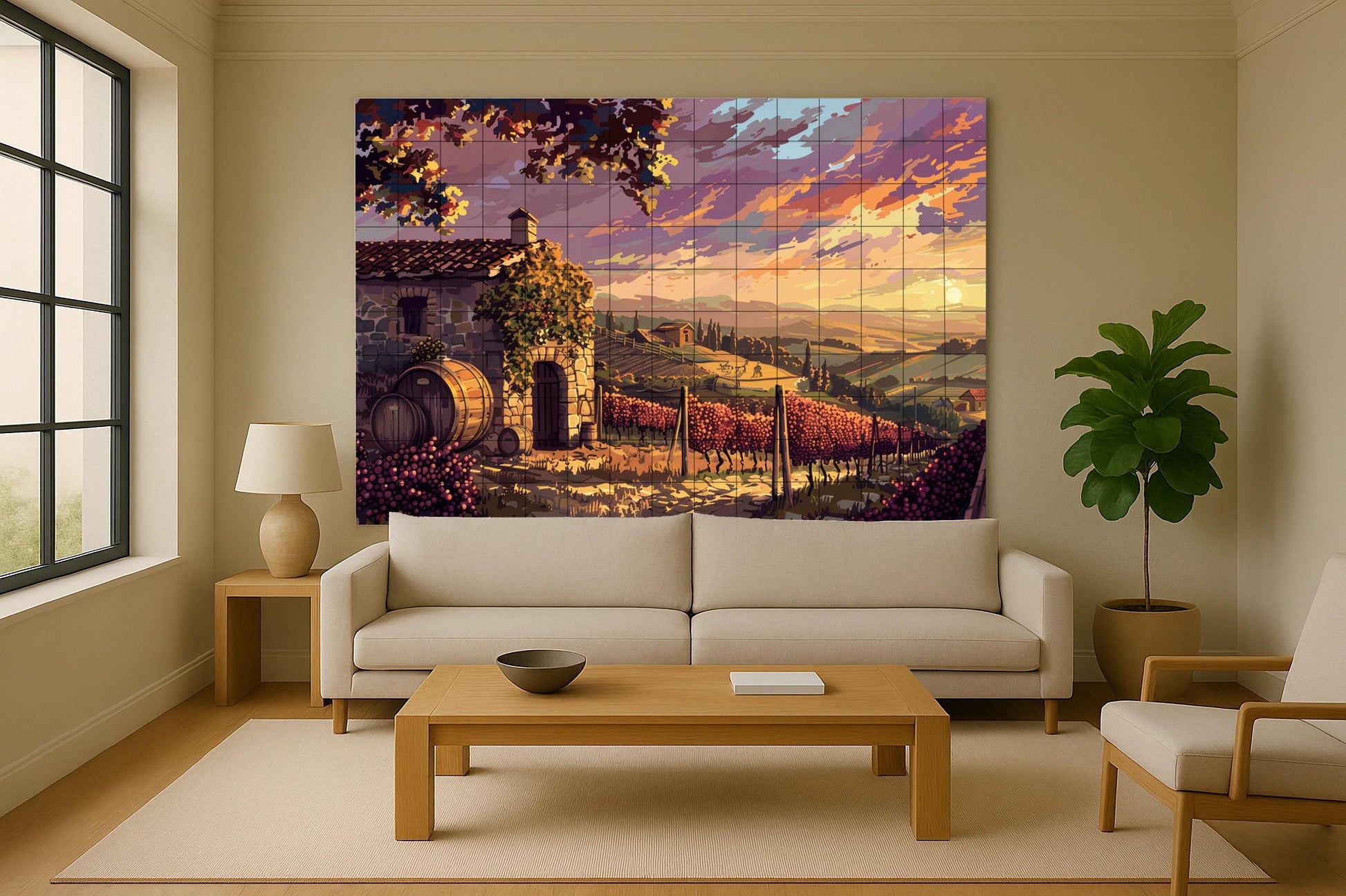 Fresque en Carrelage Avec Vignobles au Coucher de Soleil en la Toscane — Scène de Cuisine et Campagne