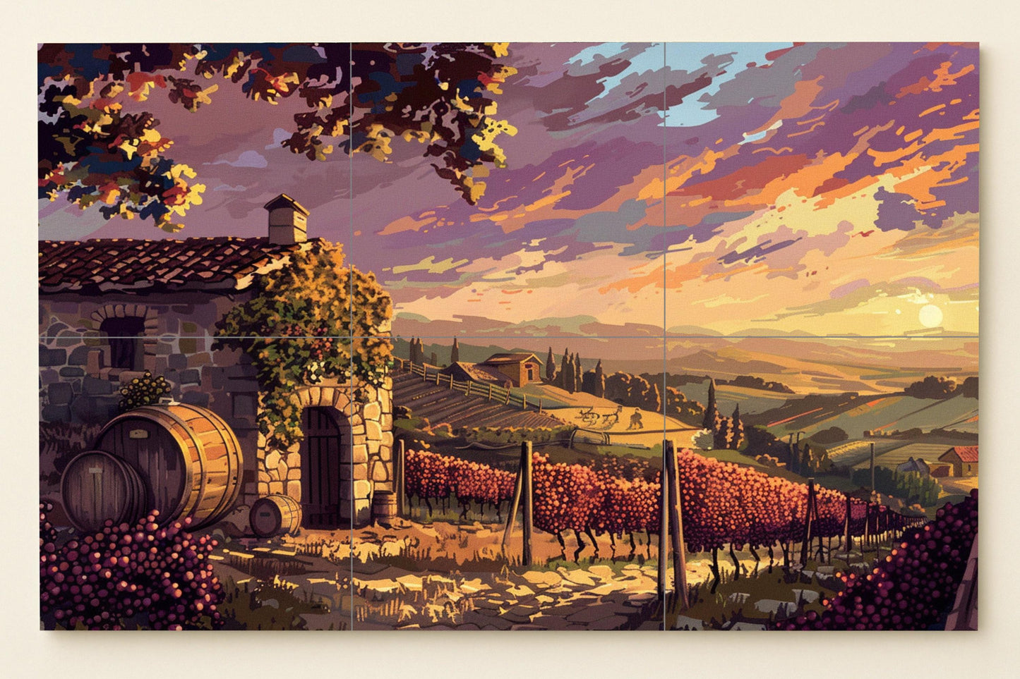 Fresque en Carrelage Avec Vignobles au Coucher de Soleil en la Toscane — Scène de Cuisine et Campagne