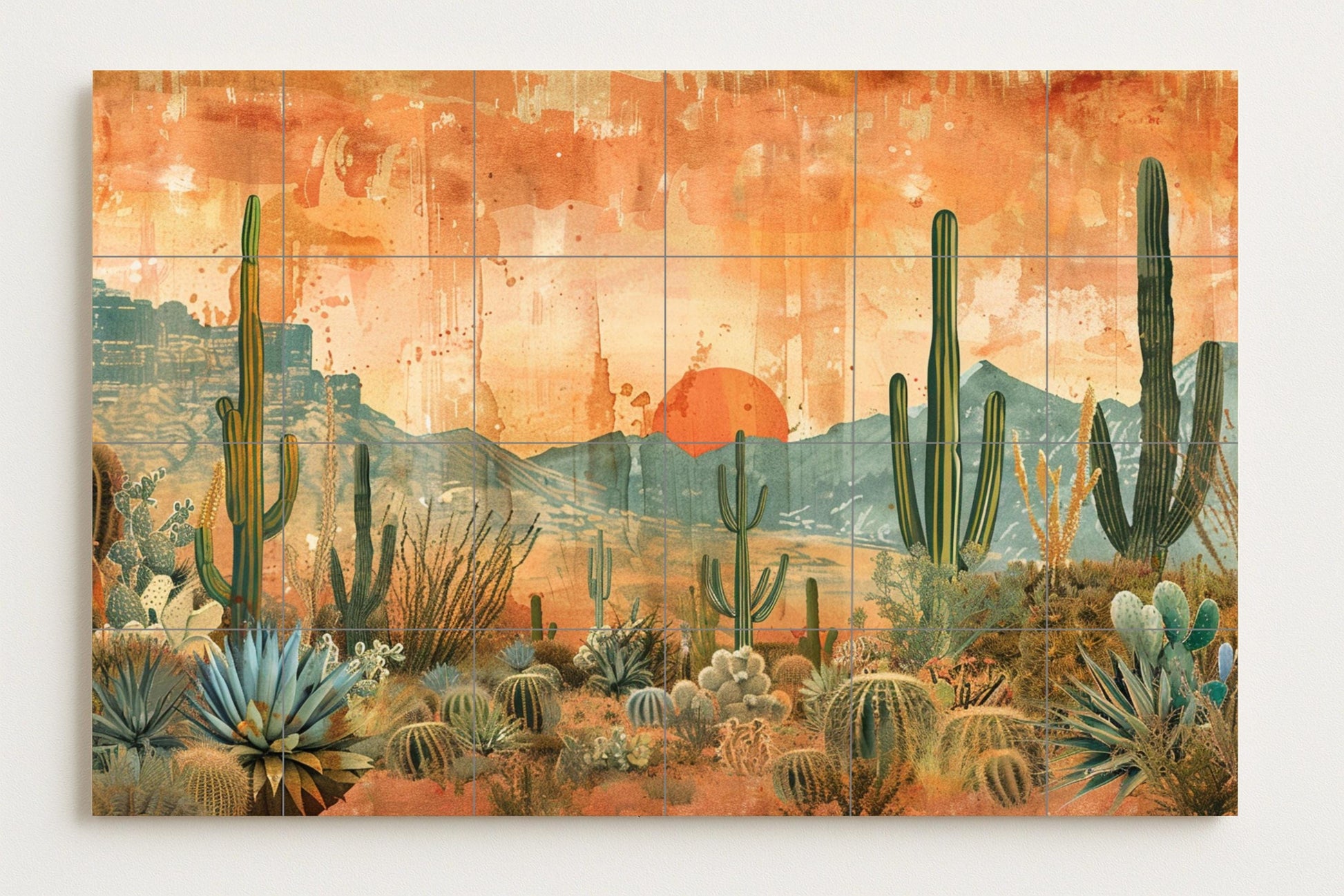 Cactus am Sonnenuntergang in der Wüste — Natur-Wandkunst, Wandkunst aus Keramikfliesen