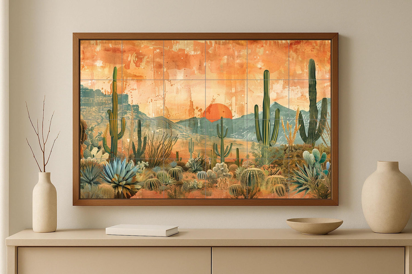 Cactus am Sonnenuntergang in der Wüste — Natur-Wandkunst, Wandkunst aus Keramikfliesen
