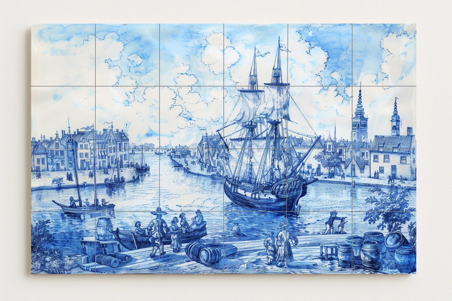 Boot Delfter Blau · Keramik-Wandbild — Küstenszene