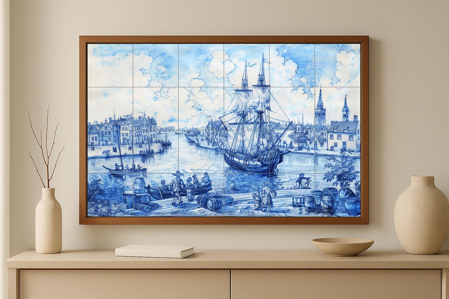 Boot Delfter Blau · Keramik-Wandbild — Küstenszene