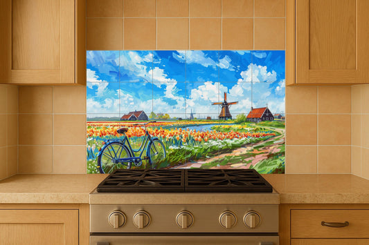 A Countryside of Tulips holandeses — Flowers & Landscape Art · Ceramic Tile Mural