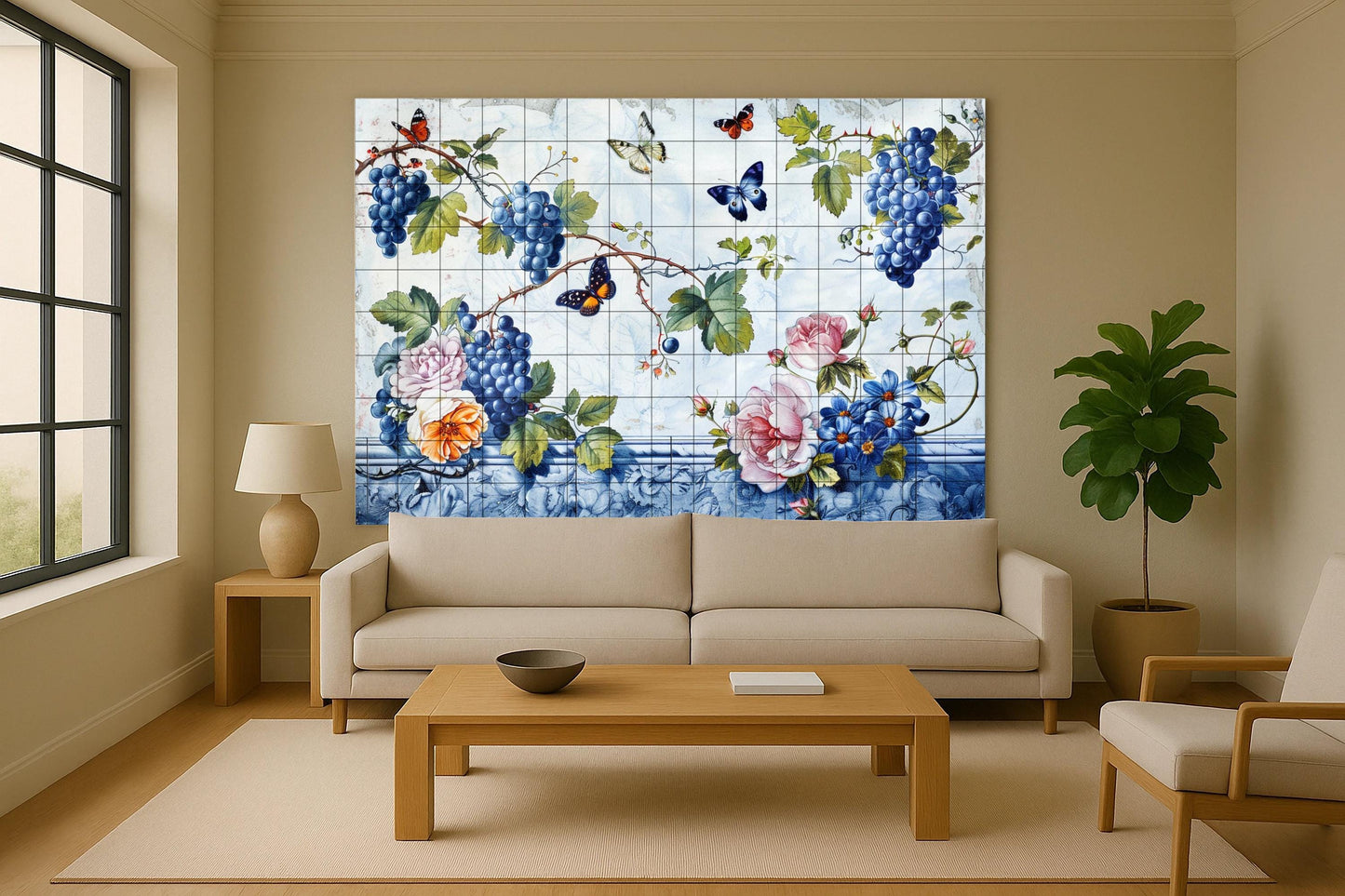 Mural de cerámica de mariposas y uvas