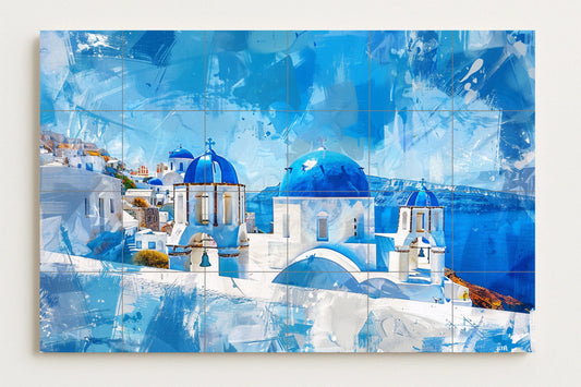 Mural de azulejos con cúpulas azules de Santorini